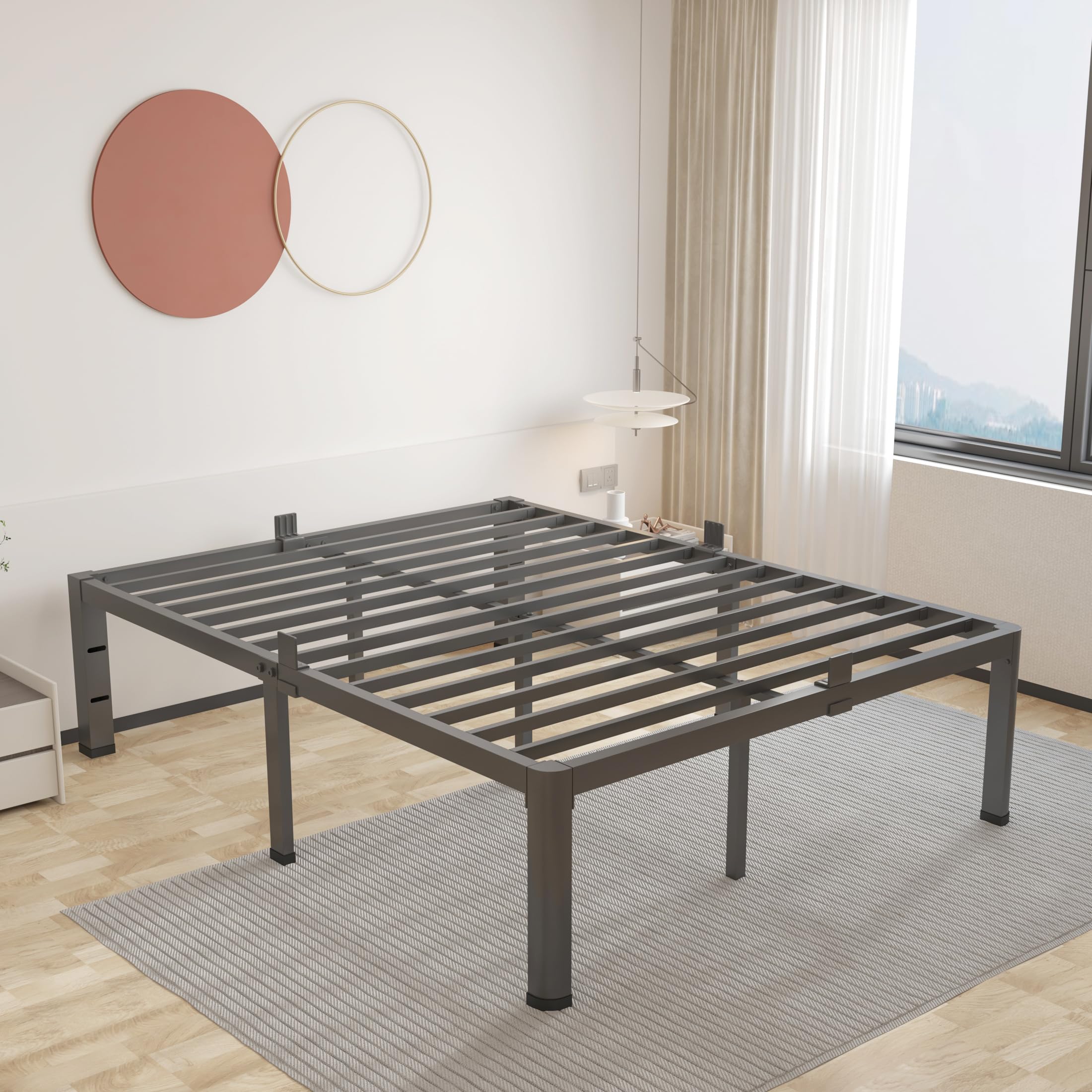 ROIL 16 Inch Full Bed Frame with Rounded Corner and Headboard Hole Mattress Retainers 3500LBS Metal Heavy Duty Steel Slats No Bo