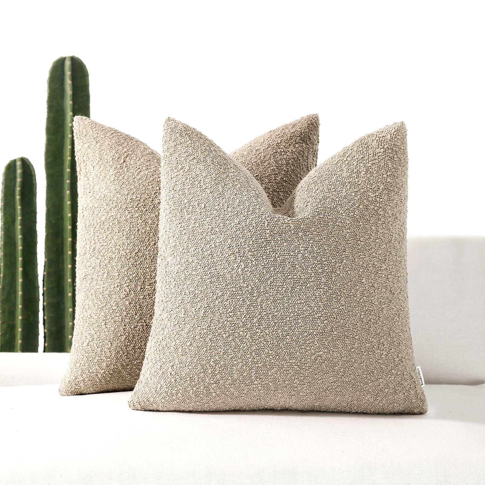 ROMANDECO Boucle Decorative Throw Pillow Covers for Couch Set of 2, 18x18 inches, Oatmeal