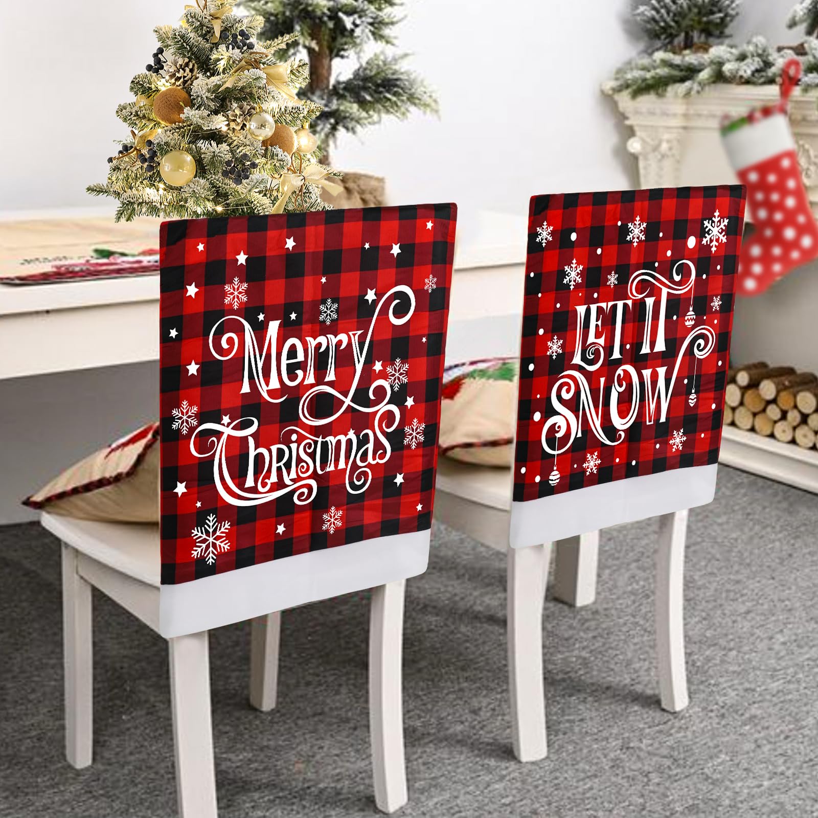 KIMOBER 2PCS Christmas Chair Covers Decor,Red and Black Buffalo Plaid Xmas Chair Slipcovers Sets for Christmas Dinning Decoratio