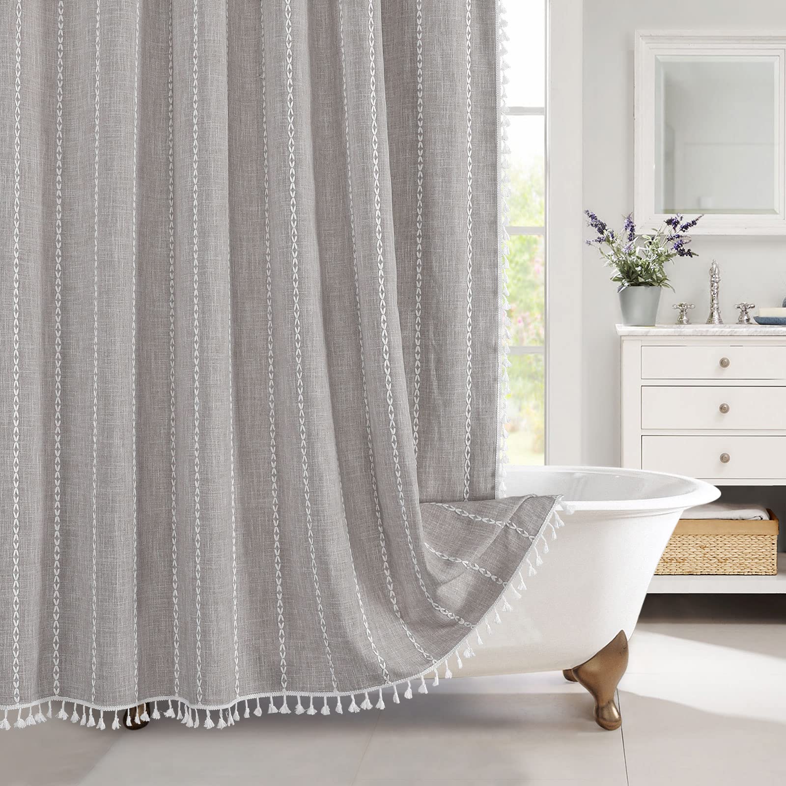 MitoVilla Boho Farmhouse Fabric Shower Curtain Set, Brown Grey Modern Cotton Linen Shower Curtains for Vintage Rustic Bathroom D