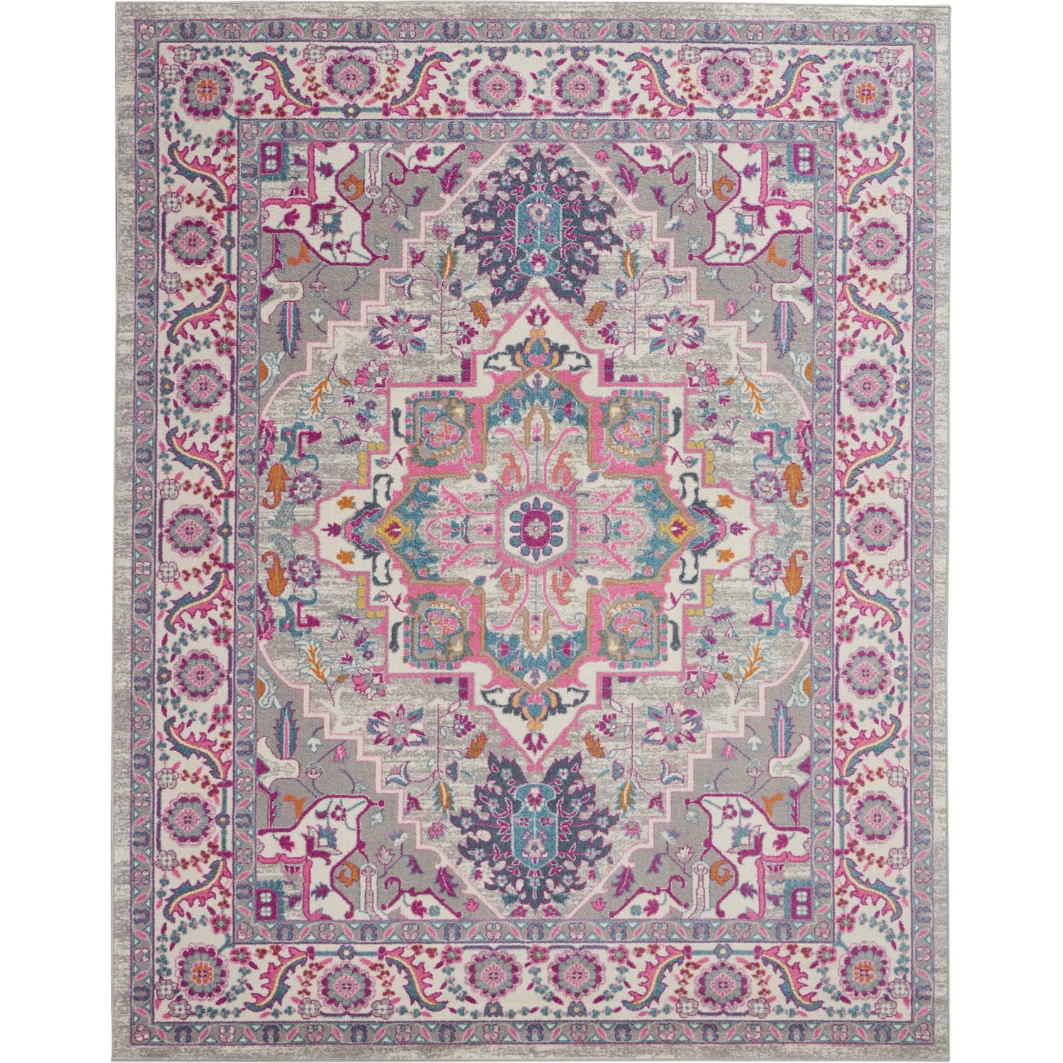 Nourison Passion Bohemian Light Grey/Pink 8 X 10 Area Rug, Easy Cleaning, Non Shedding, Bed Room, Living Room, Dining Room, Ki