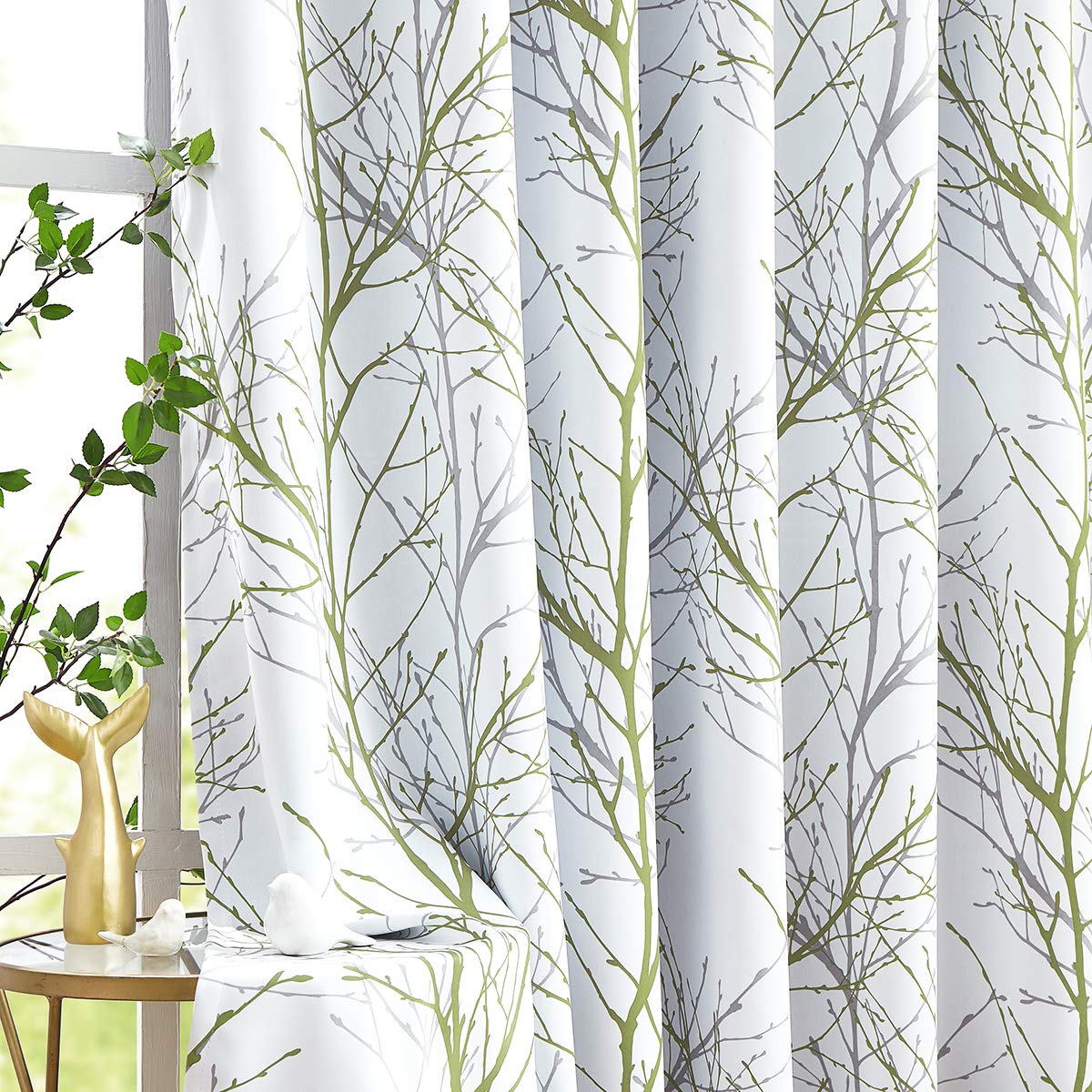 Branch Tree Full Blackout Window Curtains 84 Inches Length, Thermal Insulated Green and White Print Curtains for Bedroom,Thermal