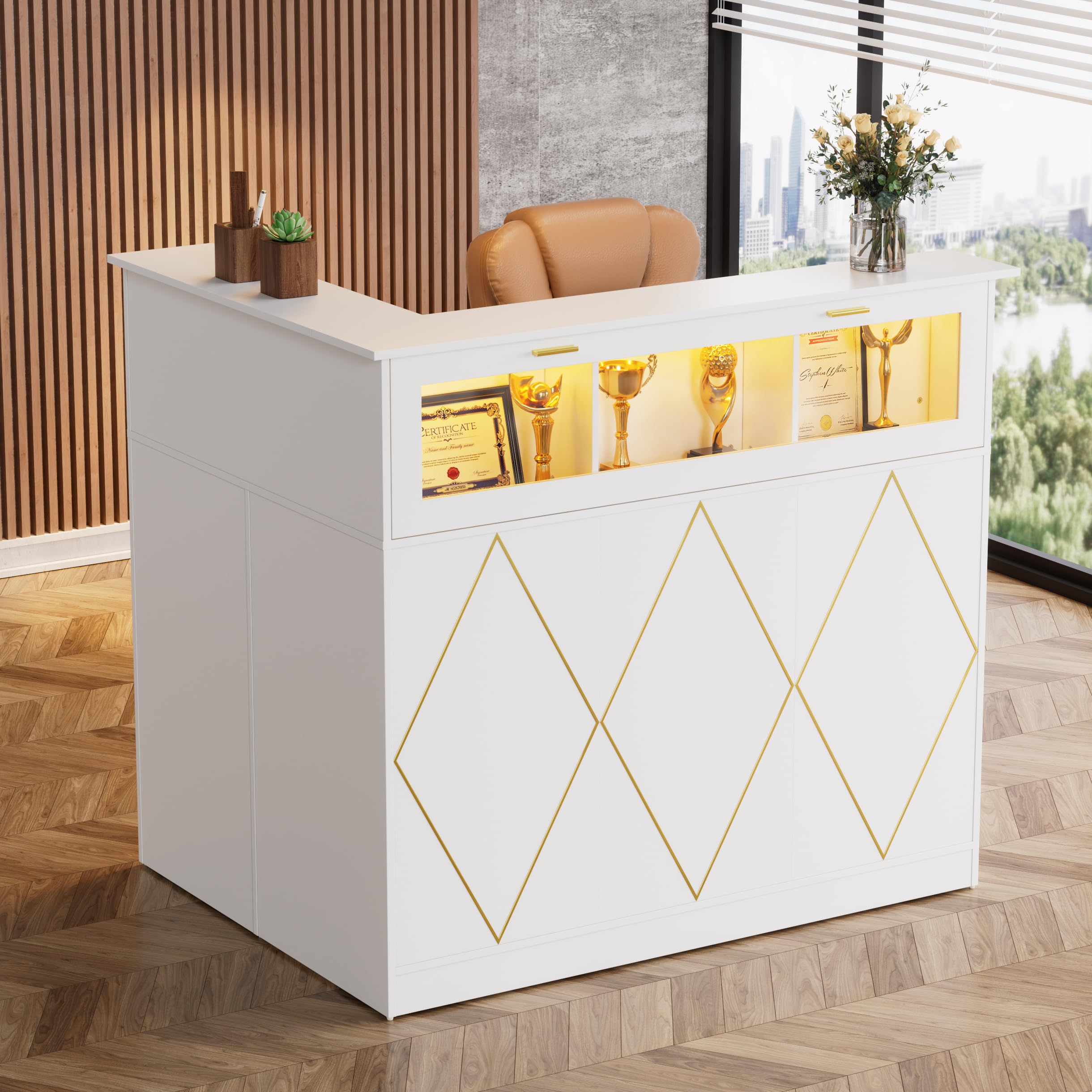 PAKASEPT Reception Desk with LED Lights, L-Shaped Modern Front Desk with Glass Display Shelf, Reception Counter Table for Lobbie