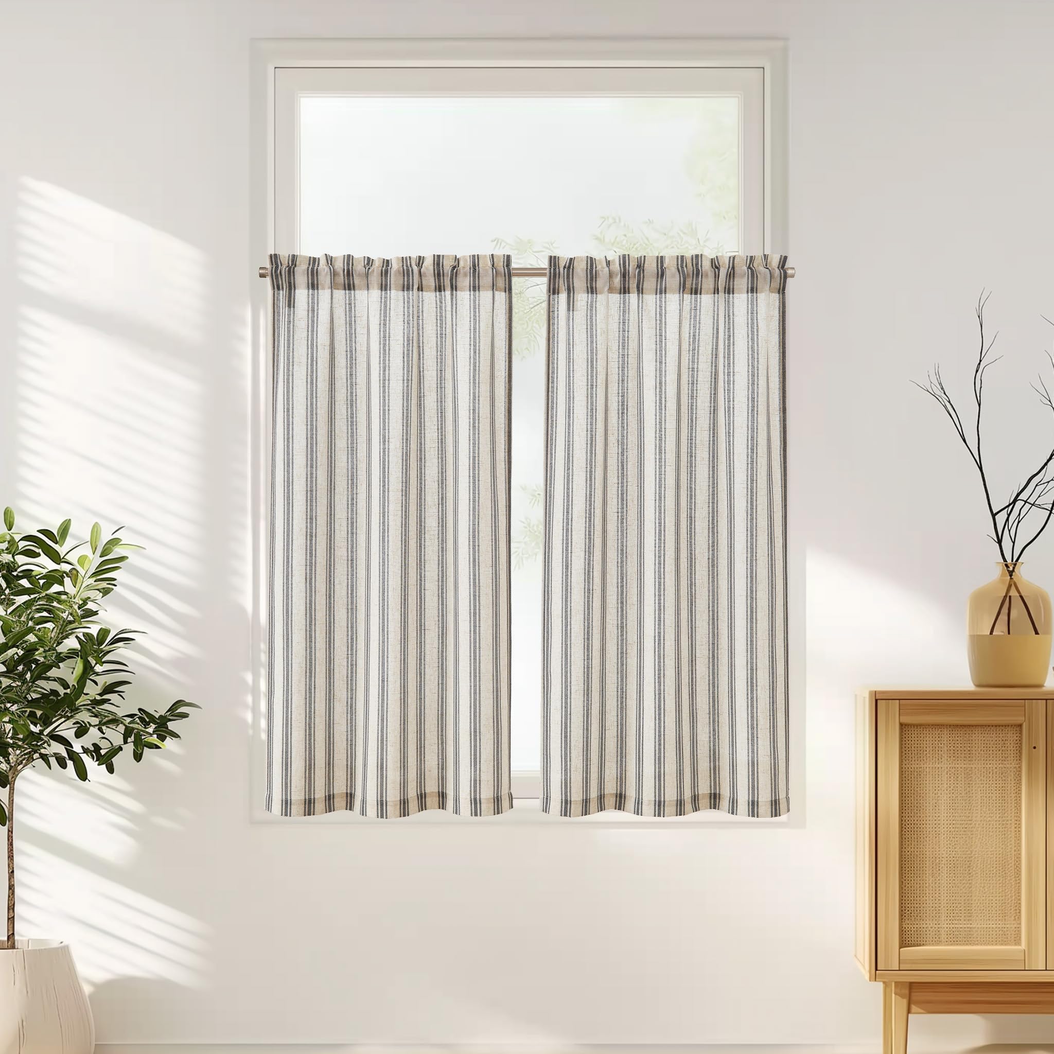 jinchan Kitchen Curtain Linen Tier Curtain Striped Cafe Curtain 45 Inch Stripe Small Window Curtain Balanced Stripe Curtain Ligh