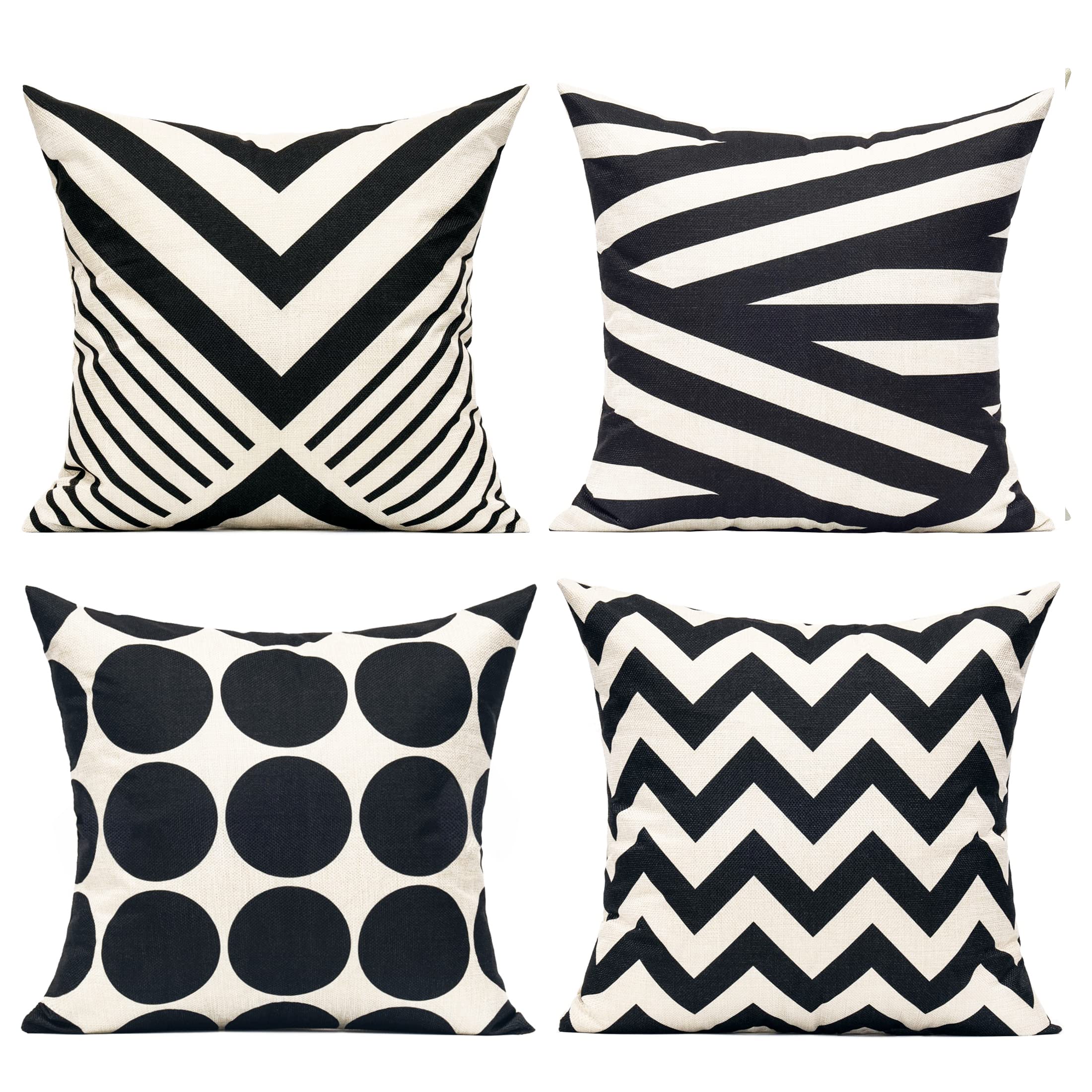All Smiles Black Beige Outdoor Throw Pillow Covers 18x18 Set of 4 Boho Mid Century Stripes Decorative Accent Cushion for Sofa Pa