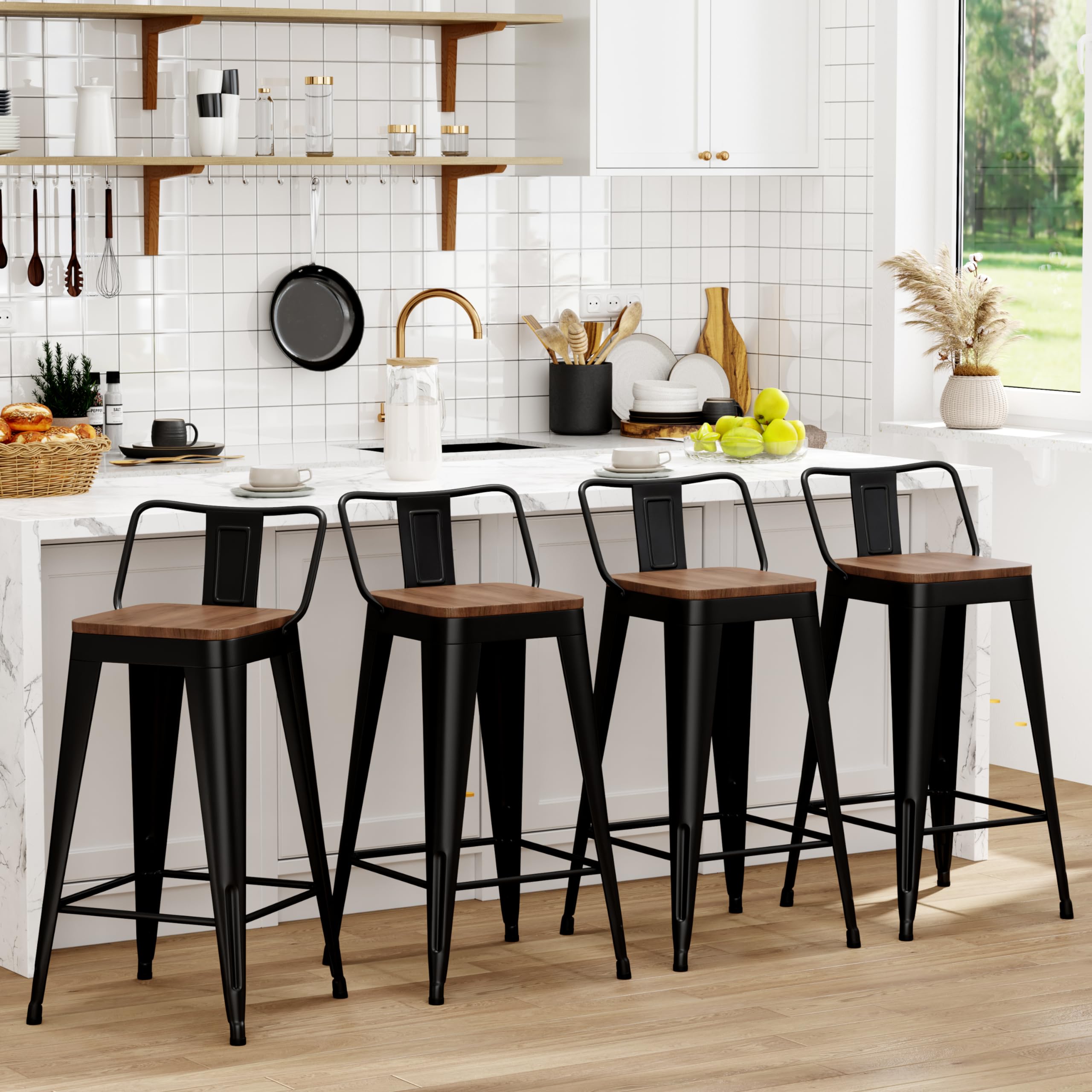 WENTMENT Metal Bar Stools Set of 4 Counter Height Barstools with Removable Back 26  Kitchen Bar Stools with Wooden Seat, Black