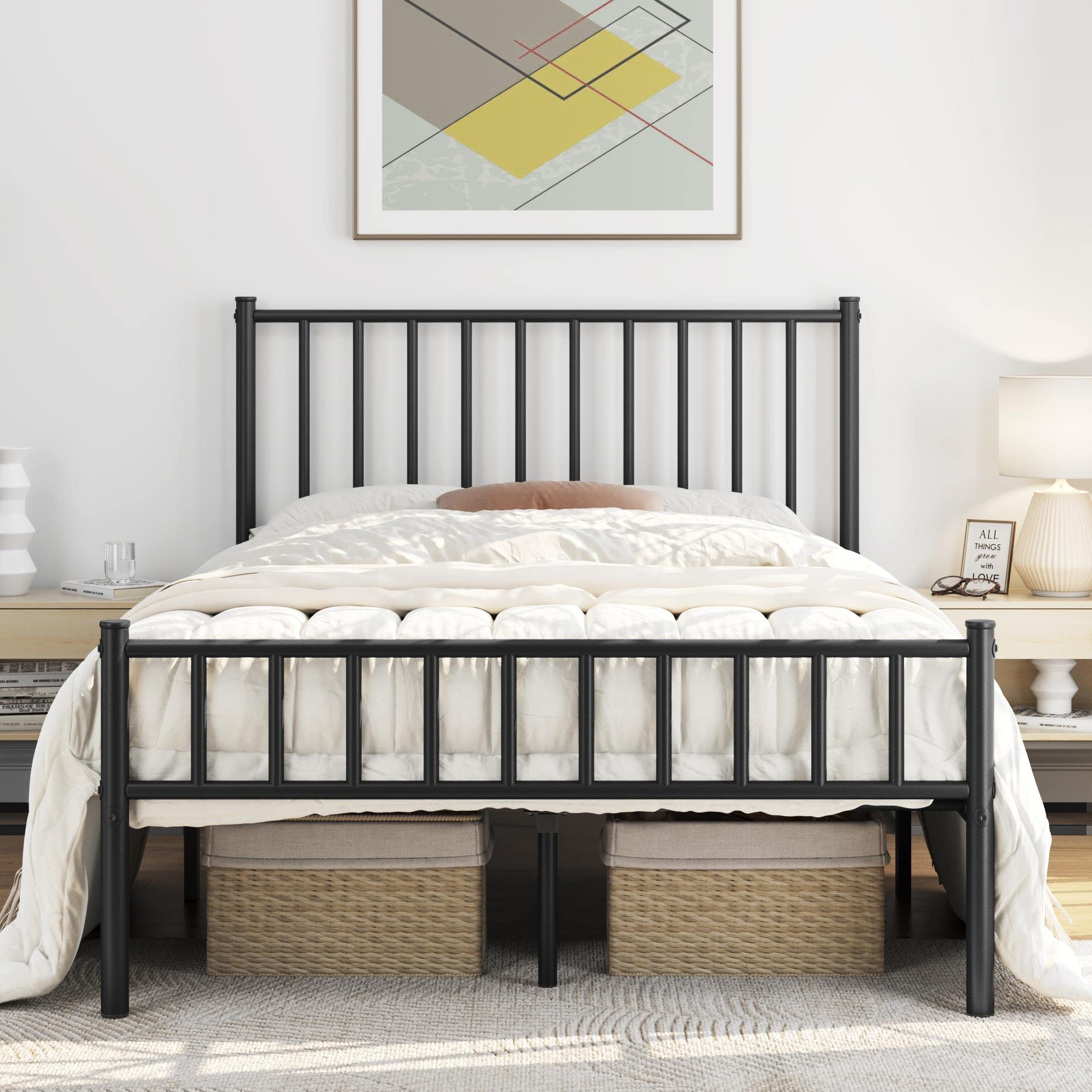 Yaheetech 14 Inch Full Size Bed Frame Metal Platform Bed with Spindle Headboard Footboard/Mattress Foundation/No Box Spring Need