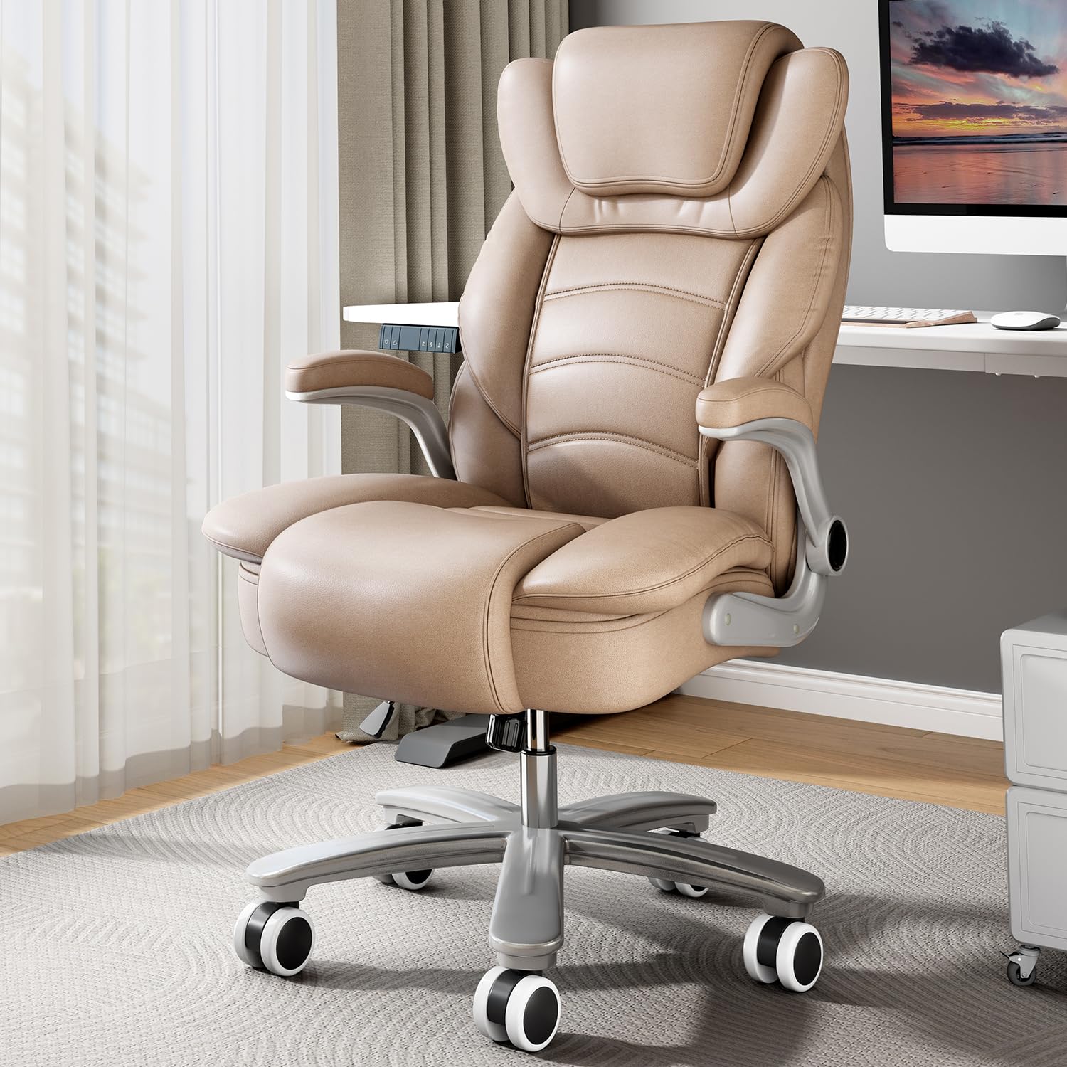 GYI Big and Tall Office Chair 400lb Wide Seat, Ergonomic High Back Leather Executive Desk Chair with Flip-up Arms, Brown
