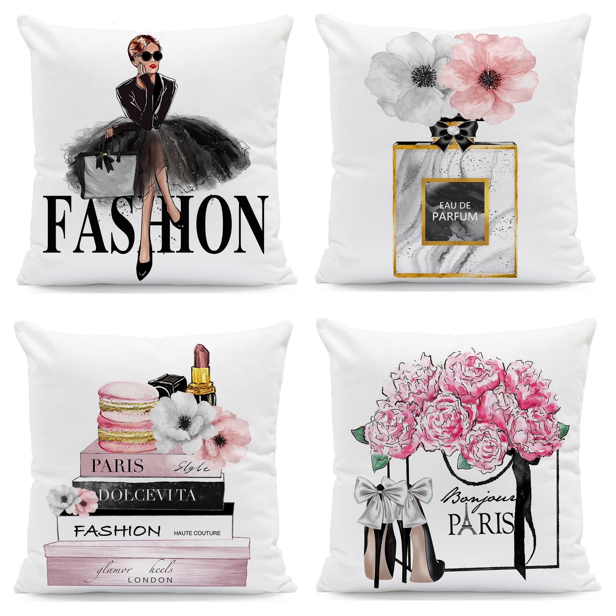 FCOZM 18x18 Pink Gold Throw Pillow Covers Fashion Women Girly Bed Decorative Pillow Covers Flower Perfume Lipstick Sofa Couch Pi