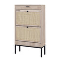 XIAO WEI Shoe Cabinet, Natural Rectangular Rattan Shoe Storage Organizer Cabinet with 2 Flip Drawers, Freestanding Shoe Rack wit