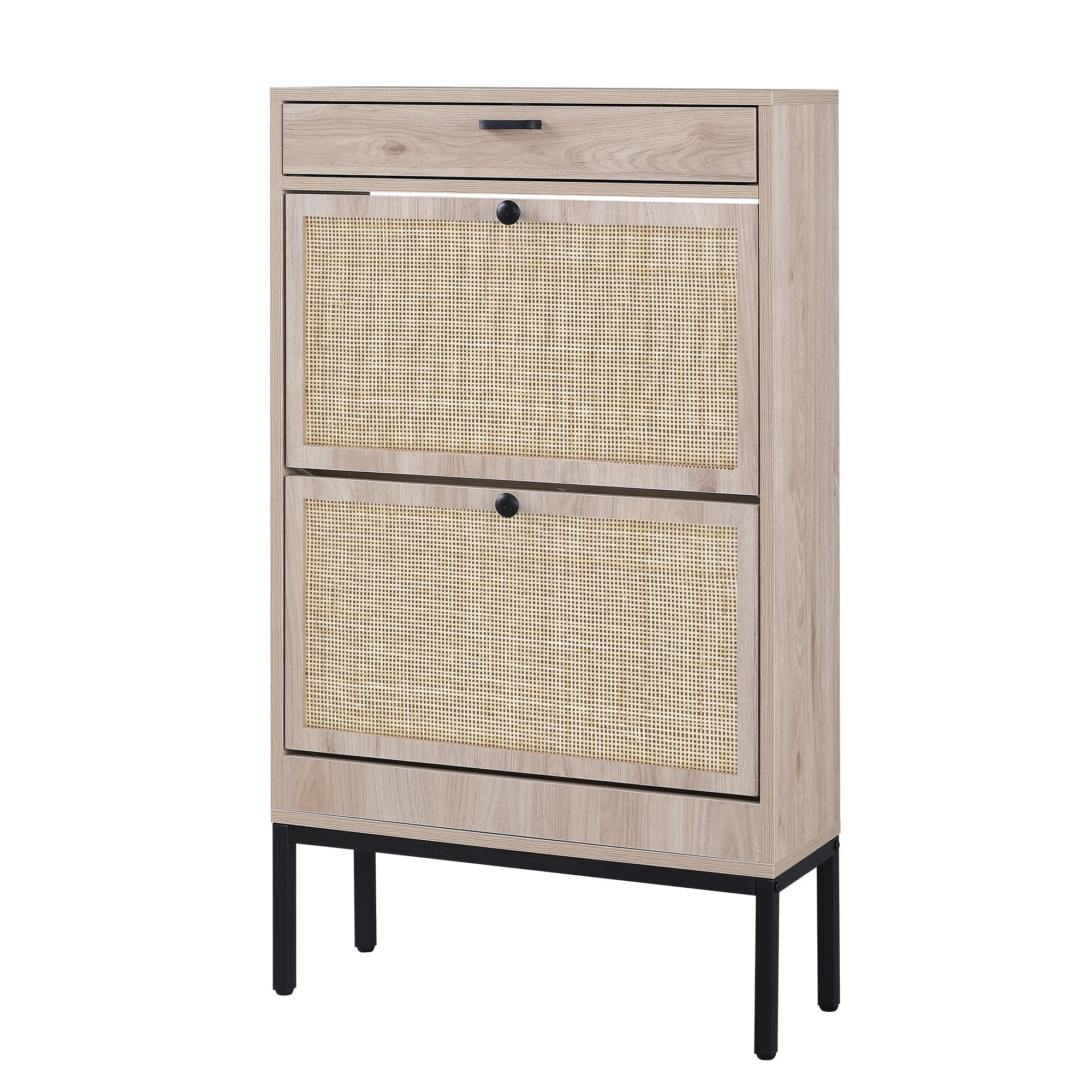 XIAO WEI Shoe Cabinet, Natural Rectangular Rattan Shoe Storage Organizer Cabinet with 2 Flip Drawers, Freestanding Shoe Rack wit