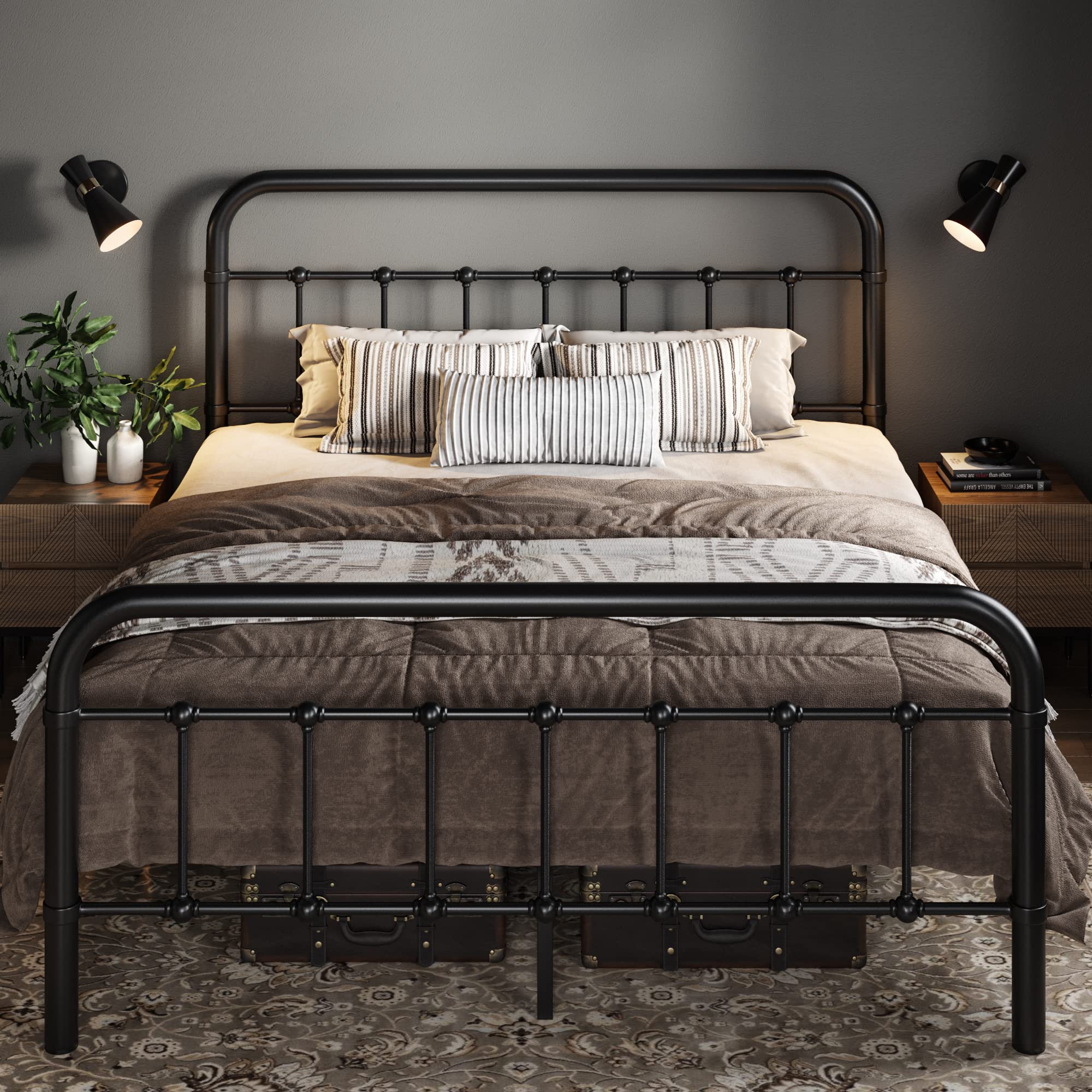 Allewie Full Size Metal Platform Bed Frame with Victorian Style Wrought Iron-Art Headboard/Footboard, No Box Spring Required,Bla