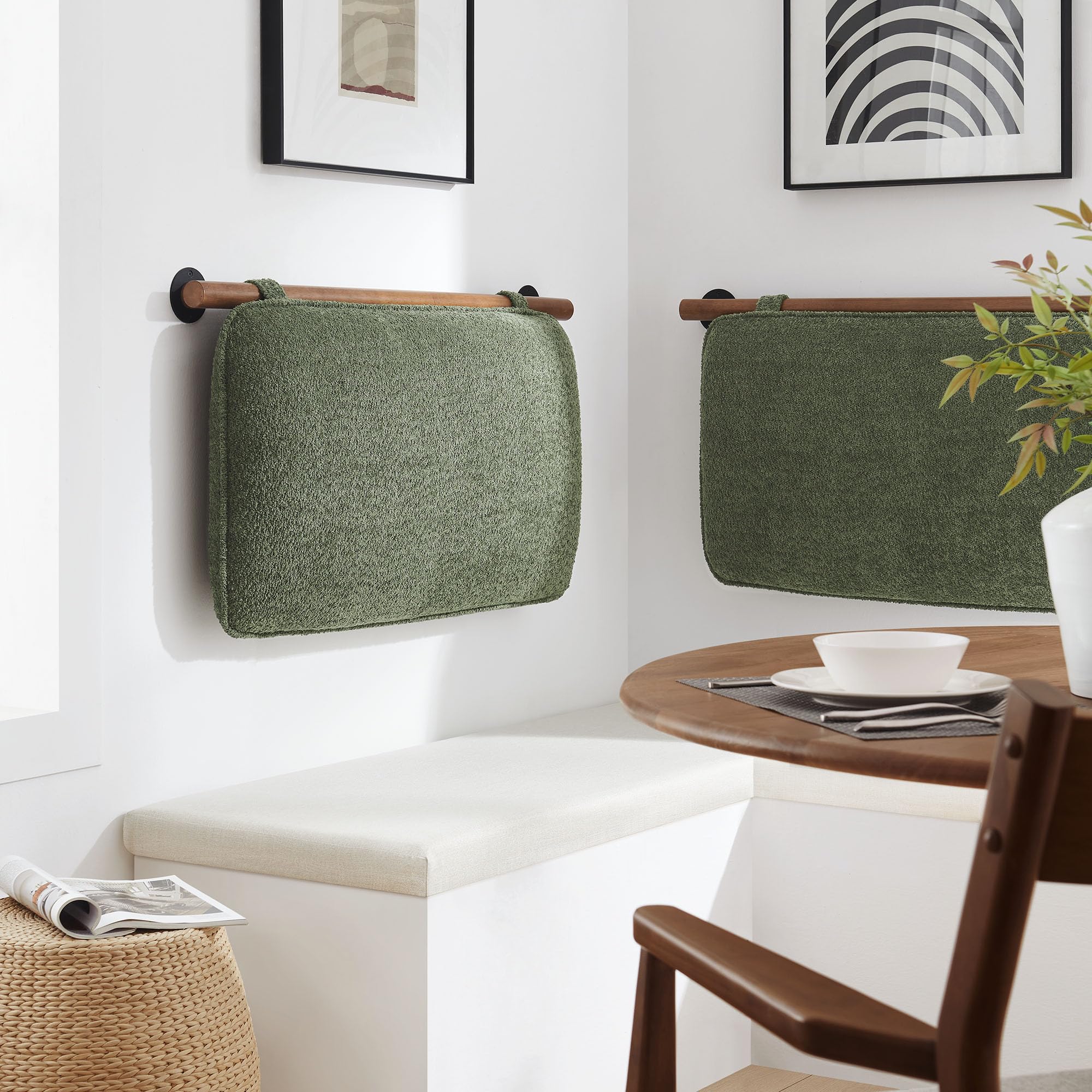 Modway Anela Chenille Upholstered Wall-Mounted Headboard Twin Size in Sage Walnut - Floating Padded Headboard with Wood Bar and 