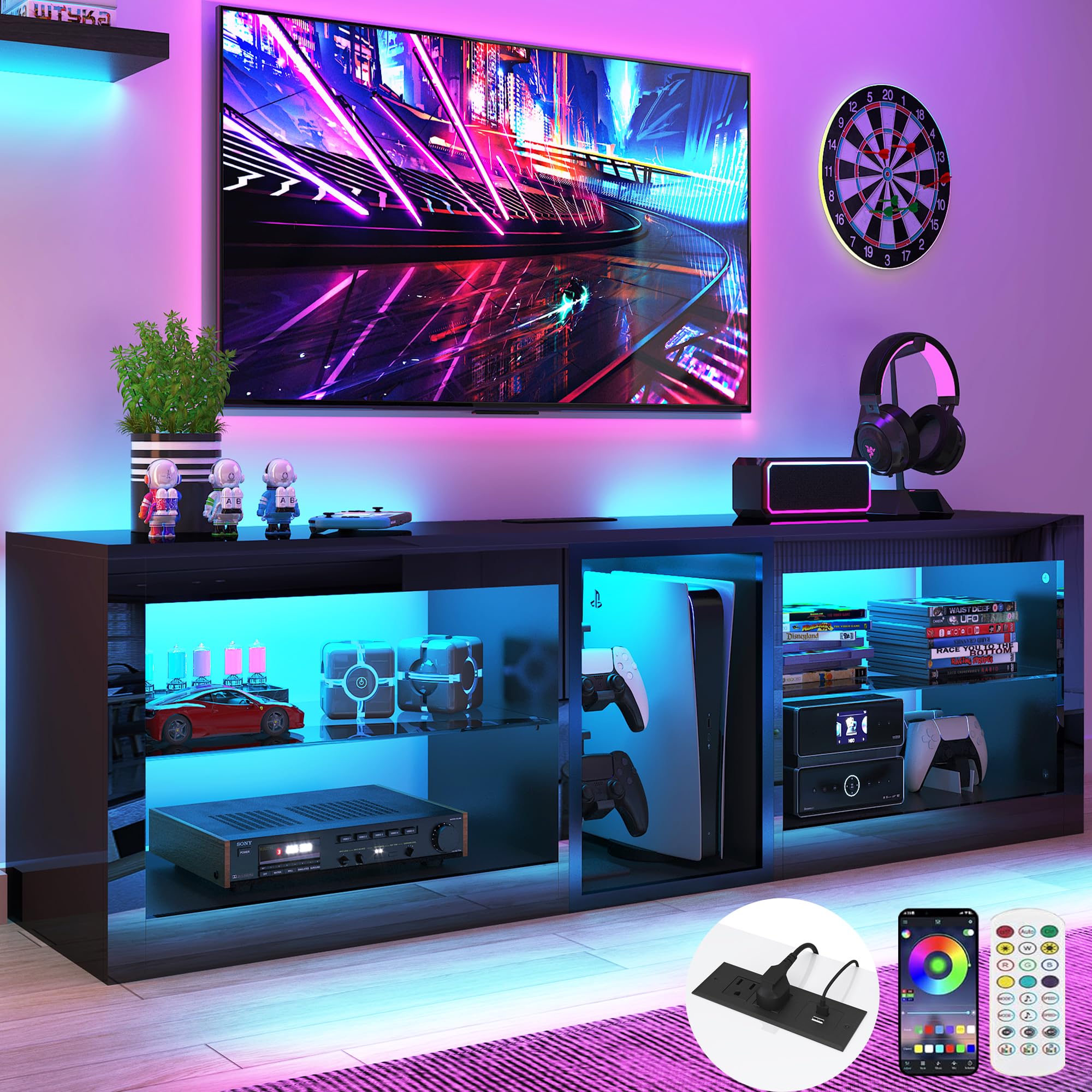 Vinctik 6&Fox High Gloss LED TV Stands w/Power Outlet,60,000-Colors Lighting for 55 60 65 70inch TV,Modern Black LED Entertainme