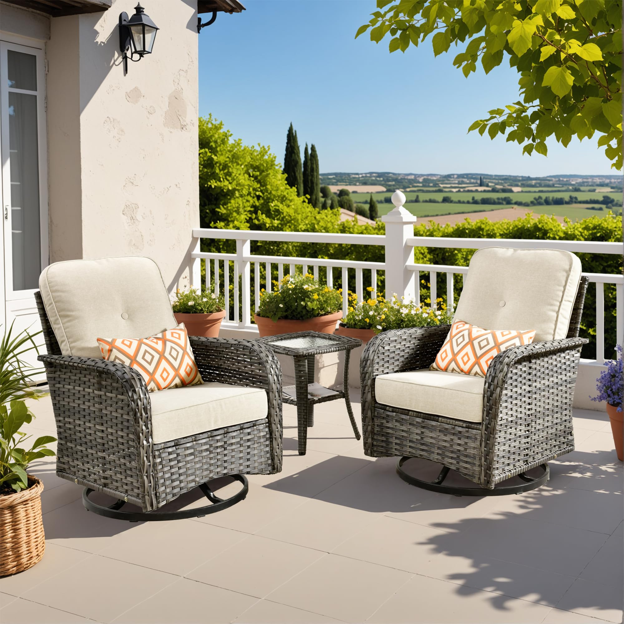 CAODOC 3-Piece Swivel Rocking Rattan Chair Outdoor, Patio Bistro Furniture Conversation Set, Wicker Chair with Coffee Table Beig
