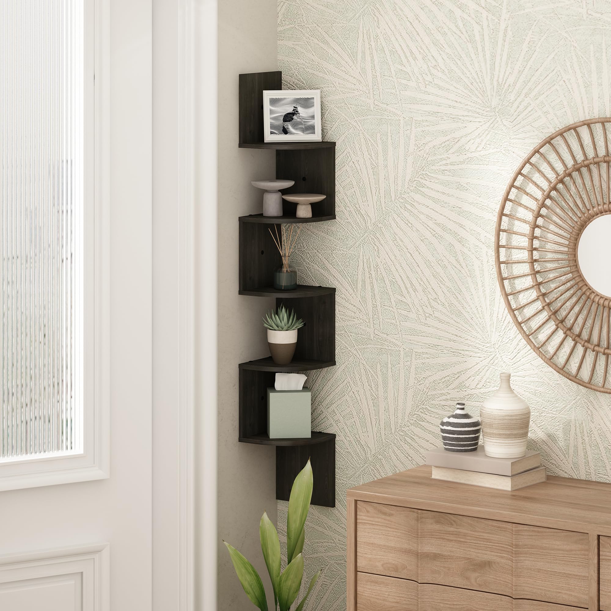 Furinno 5-Tier Floating Corner Shelf, Wall Mount Shelves for Storage and Display, Espresso