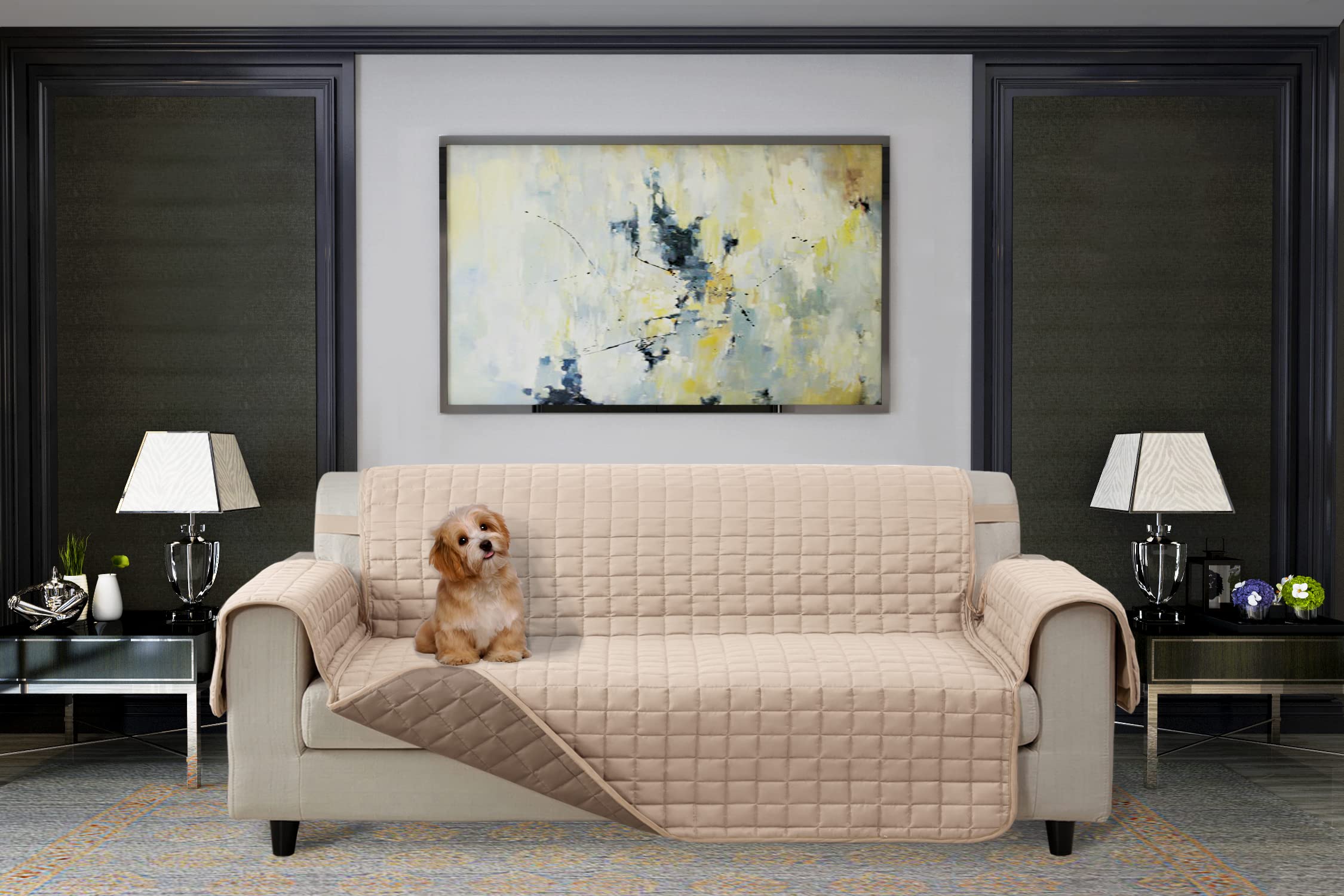 Elegant Comfort Quilted Furniture Protectors Solid and Printed Design Reversible Slipcovers Featuring Elastic Straps and Smart P