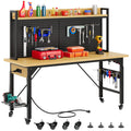DWVO 60 Adjustable Workbench with Pegboard, Heavy Duty Wood Top Work Bench with Wheels, 1600 LBS Load Capacity, Rolling Work Tab