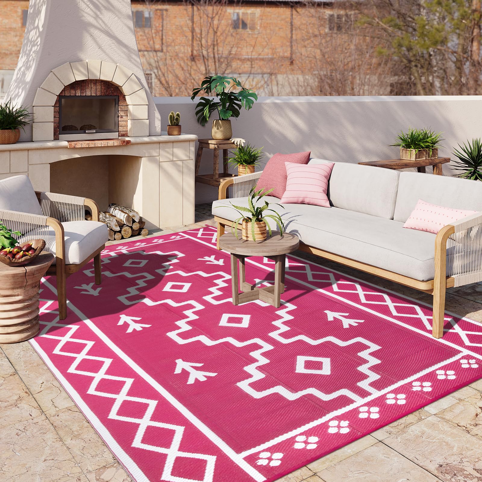 Uphome Outdoor Rugs 8x10 Waterproof, Reversible Hot Pink Boho RV Camping Rug, Patio Plastic Straw Outside Rug, Large Foldable Ou