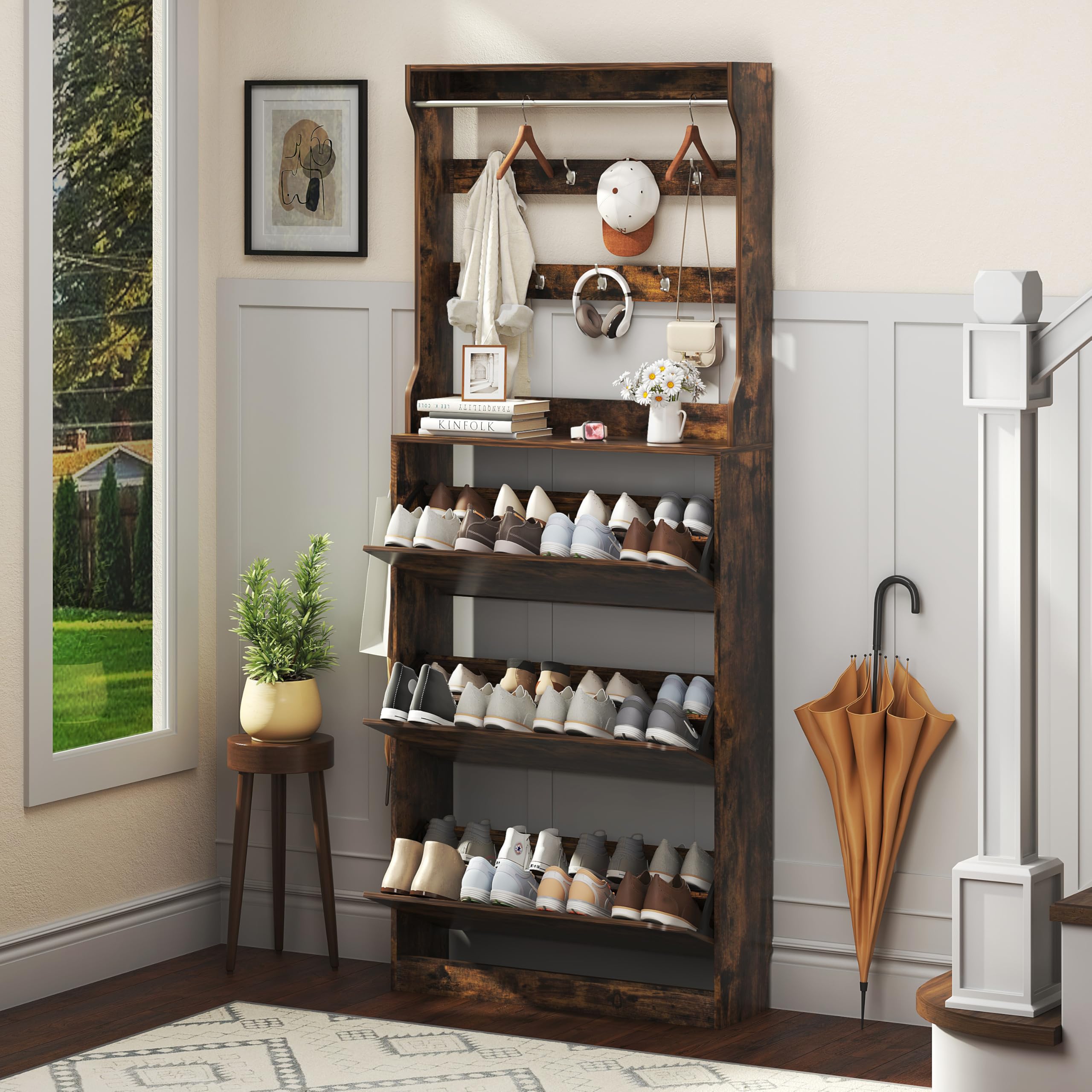 Shoe Cabinet for Entryway with 3 Flip Drawers, Brown Tall Wood Shoe Storage Cabinet with Coat Rack, Narrow Hidden Slim Freestand