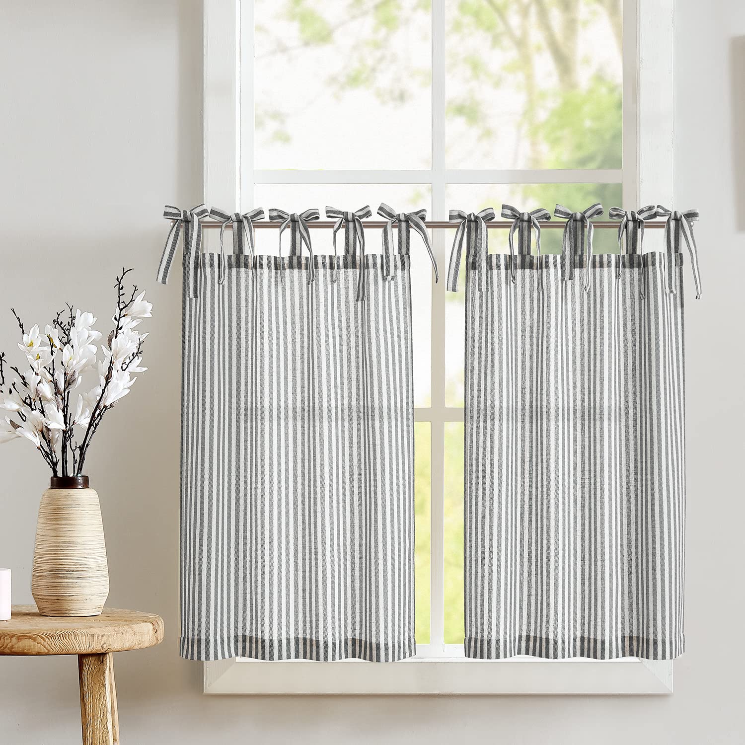 jinchan Tie Top Linen Kitchen Curtains 24 Inch Length Striped Tier Curtains Ticking Stripe Small Drapes for Living Room Bathroom