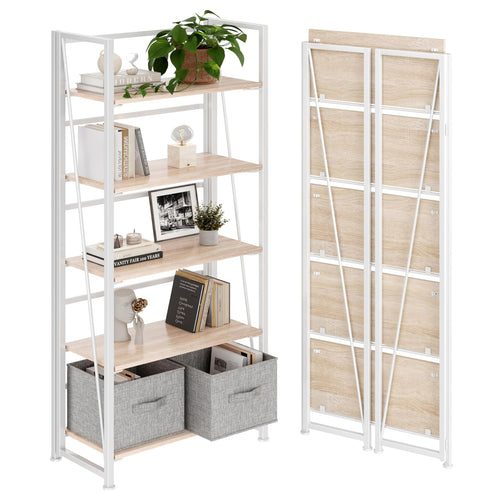 4NM No-Assembly Folding Bookshelf Storage Shelves 5 Tiers Vintage Bookcase Standing Racks Study Organizer Home Office (Natural a