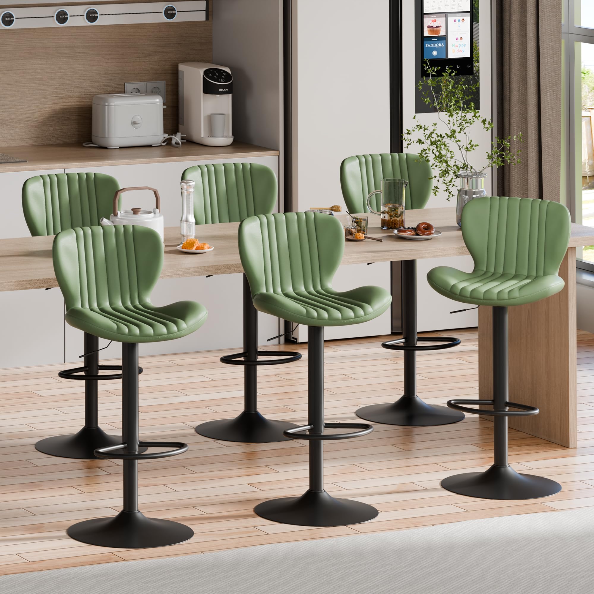 Shintenchi Bar Stools Set of 6 Modern Swivel Bar Chairs, Counter Height Faux Leather Metal Barstools, Upholstered Island Chairs 