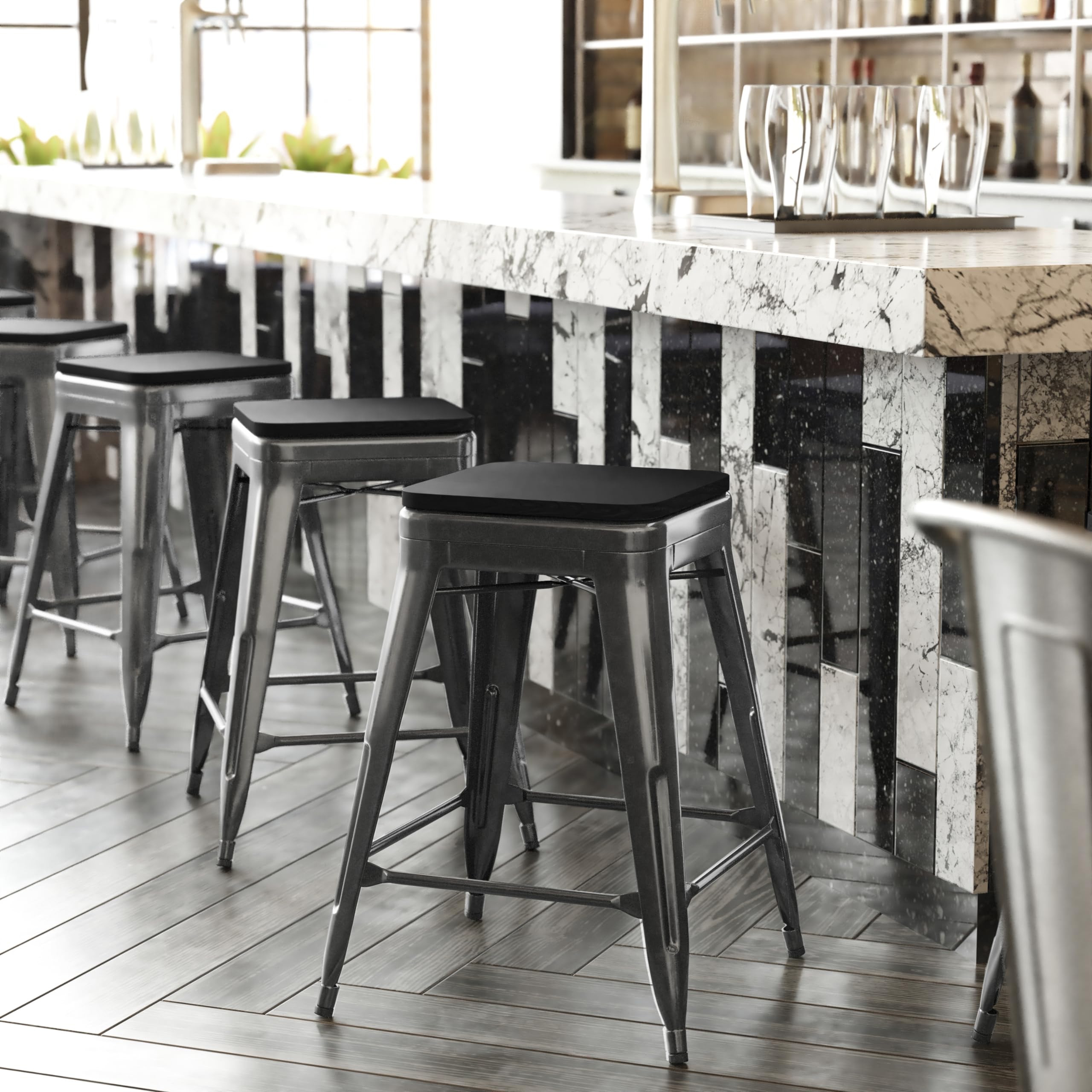 Flash Furniture Kai Commercial Grade Indoor-Outdoor Counter Height Stool - Black Metal Frame - Black Poly Resin Seat - 24 High -