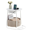 VASAGLE Side Table with Charging Station, Round End Table With Fabric Basket, Nightstand with Power Outlets USB Ports, for Livin