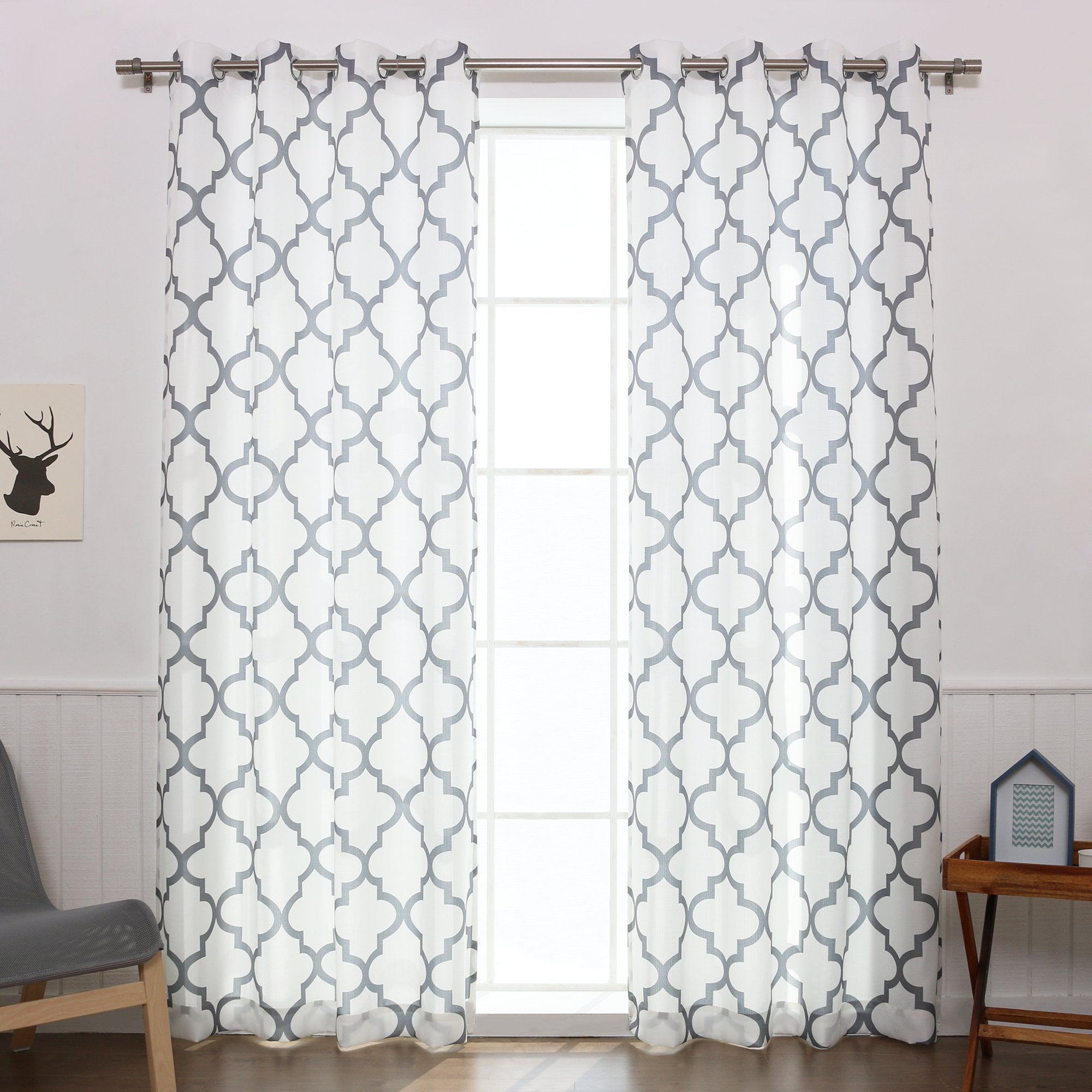 Best Home Fashion Oxford Basketweave Reverse Moroccan Print Curtains - Stainless Steel Nickel Grommet Top - Grey - 52 W x 96 L -