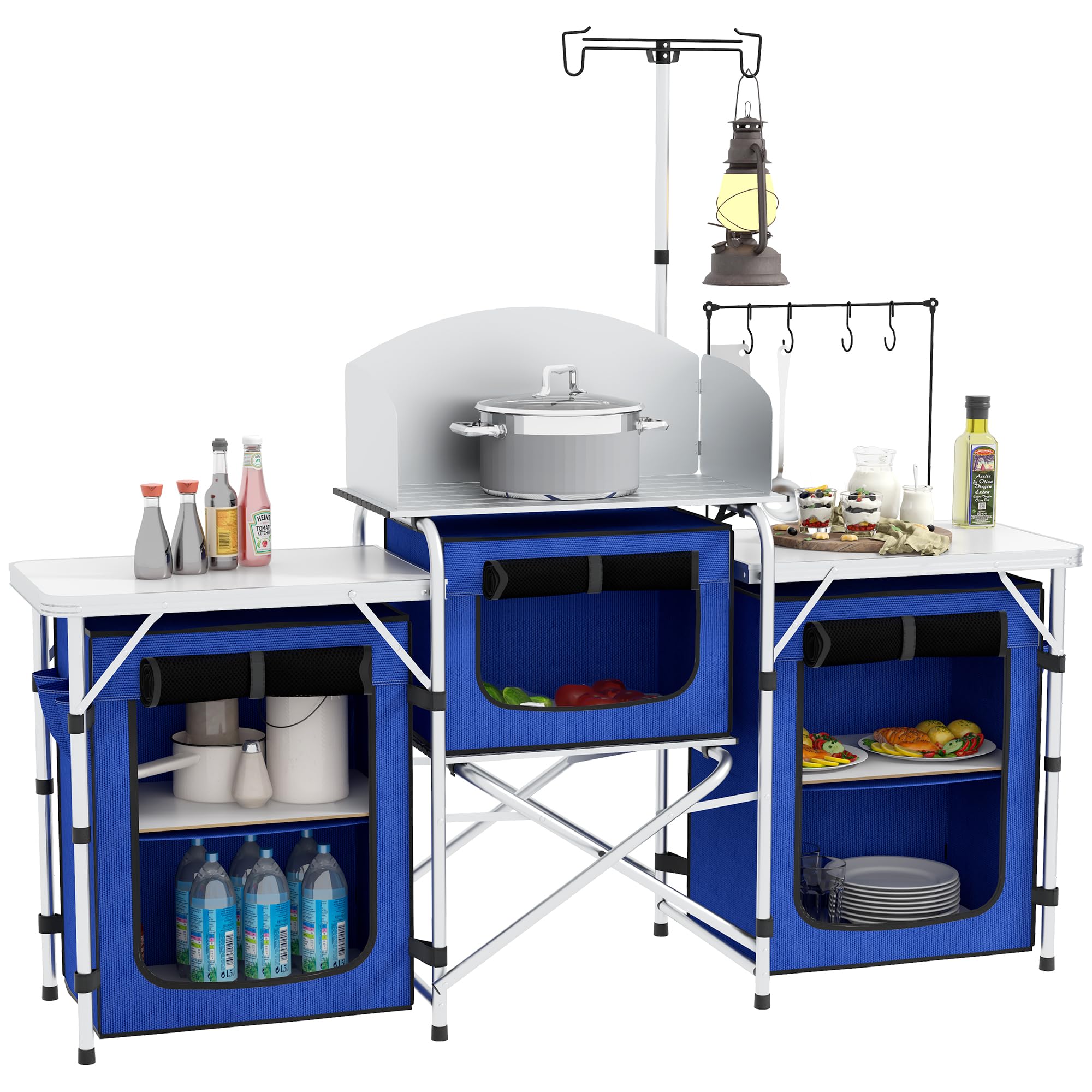 Outsunny Camping Kitchen Table, Portable Folding Camp Kitchen, Aluminum Cook Station with 3 Fabric Cupboards, Windshield, Carryi