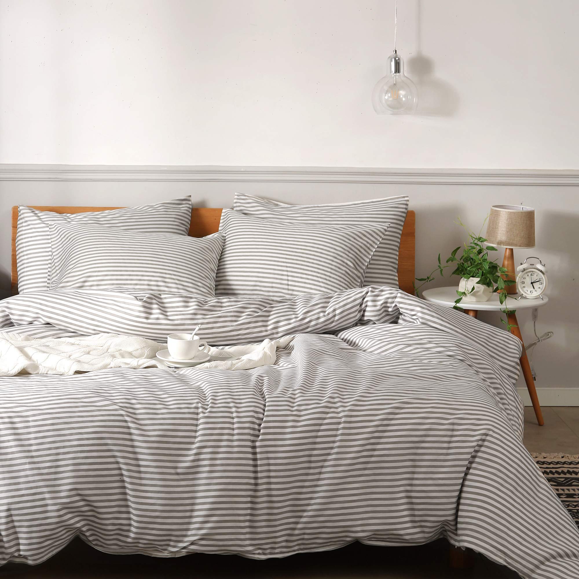 JELLYMONI 100% Natural Cotton 3pcs Striped Duvet Cover Sets with Zipper Closure & Corner Ties, White Comforter Cover with Grey S