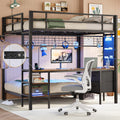 DICTAC Full Over Twin Bunk Bed with Desk and Charging Station Metal Full Size Over Twin Loft Bed with Led Lights & Storage Shelv