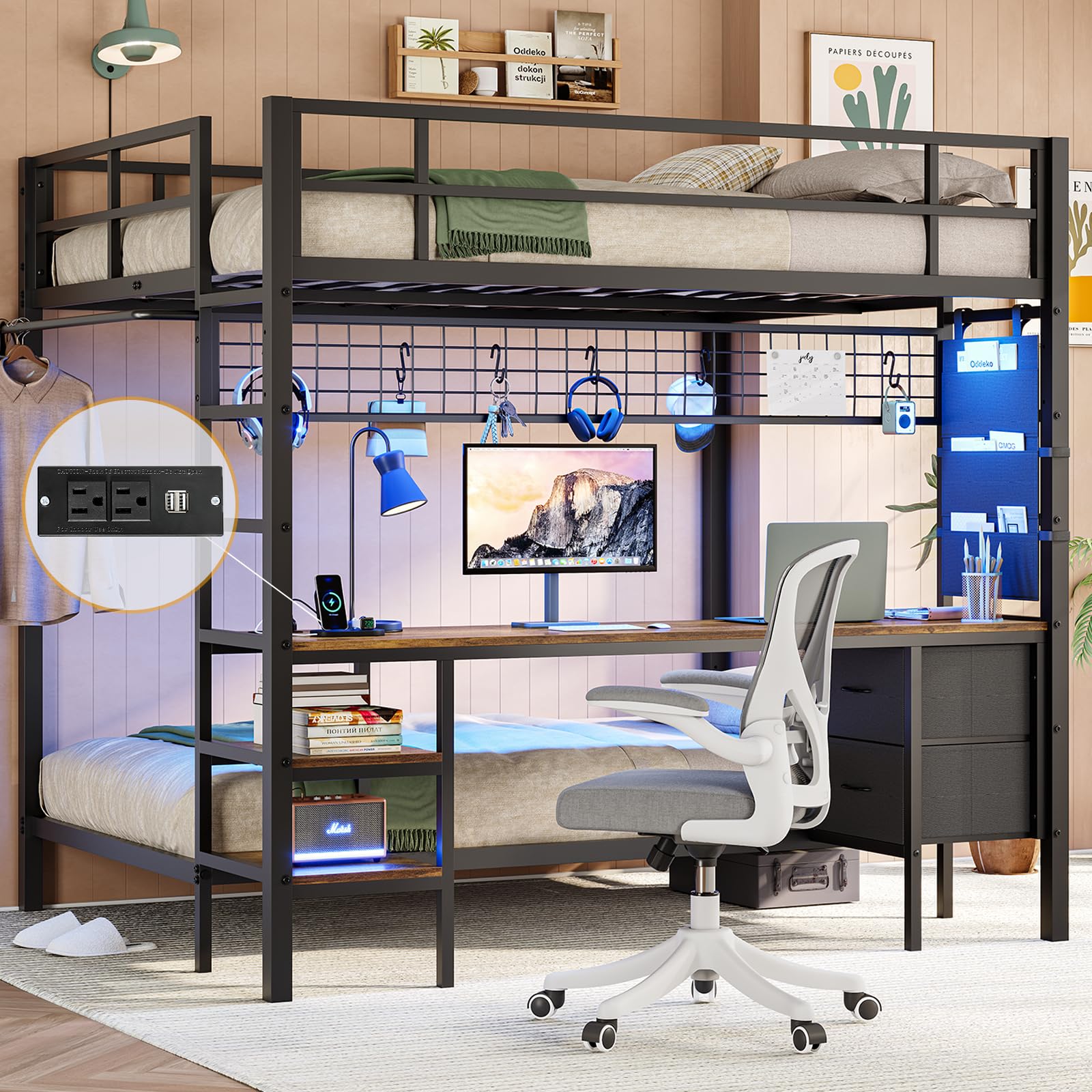 DICTAC Full Over Twin Bunk Bed with Desk and Charging Station Metal Full Size Over Twin Loft Bed with Led Lights & Storage Shelv