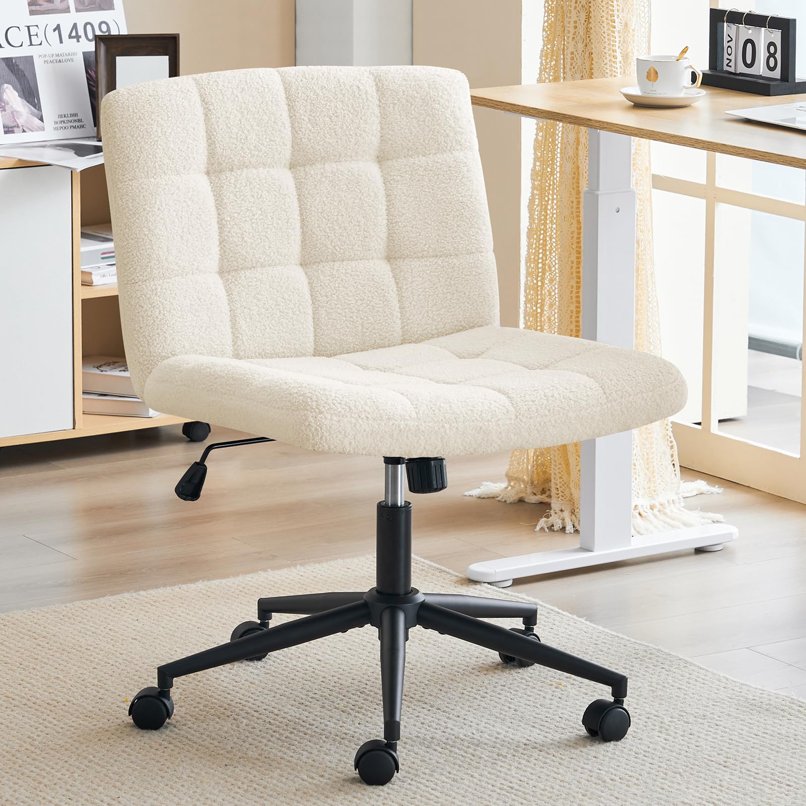 Furnimart Swivel Criss Cross Legged Chair with Wheels for Home Office, Wide Armless Desk Chair Height Adjustable Comfy Seat for 