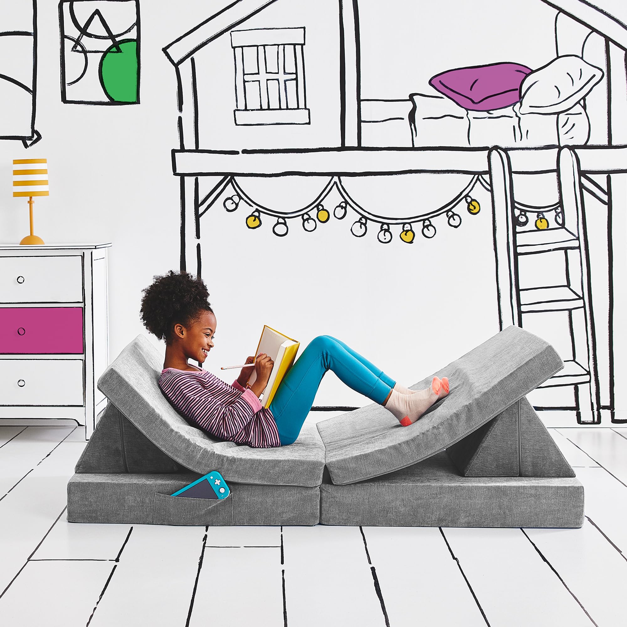 Yourigami Kids and Toddler Play Gym, Playroom Couch Set, Durable Modular Design, Mountain Gray