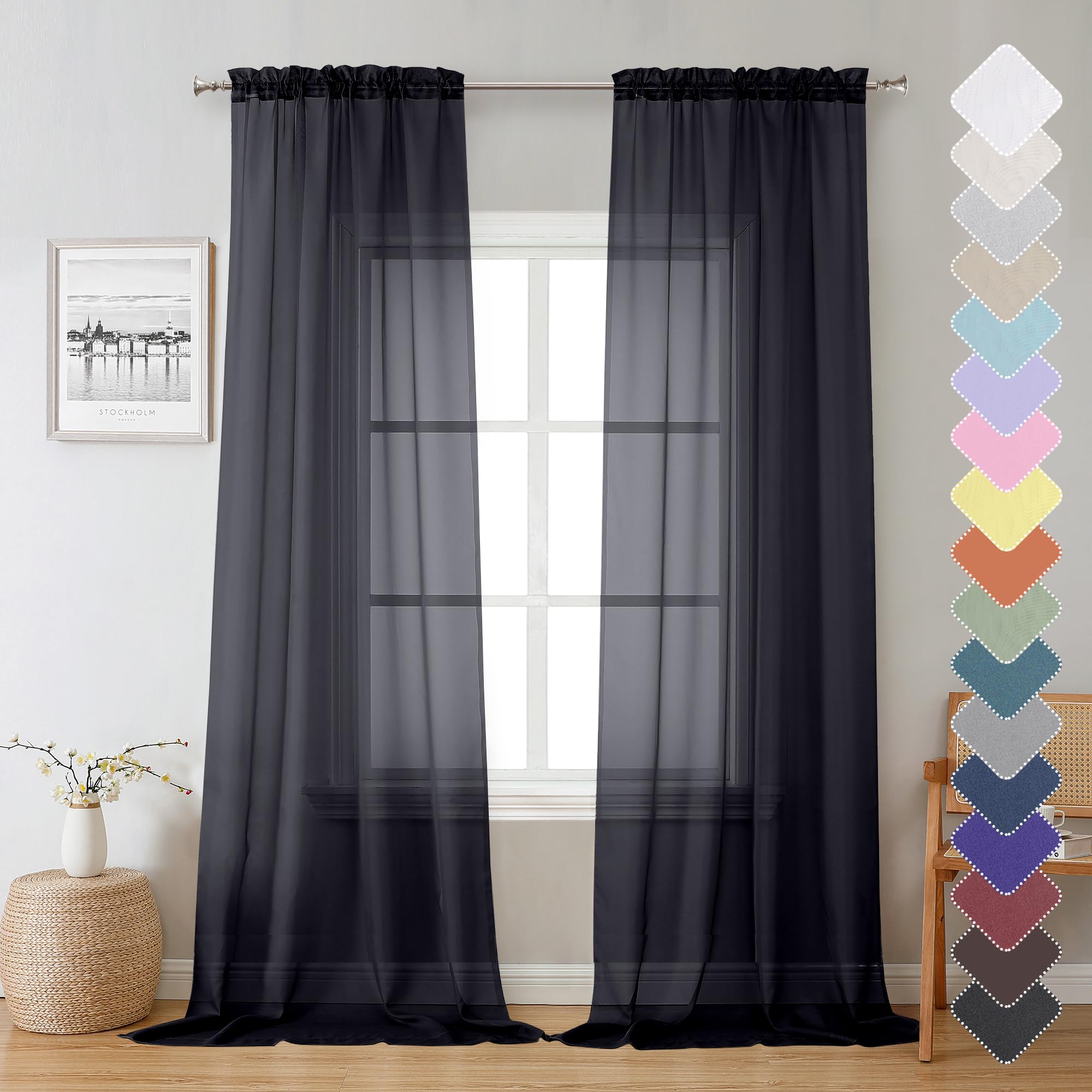 Lecloud Sheer Curtain Panels Set 96 Inches Long, Solid Voile Light Filtering Airy Curtains Window Treatment Drapes for Living Ro