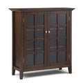 SIMPLIHOME Acadian SOLID WOOD 39 inch Wide Transitional Medium Storage Cabinet in Natural Aged Brown, with 2 Tempered Glass Door