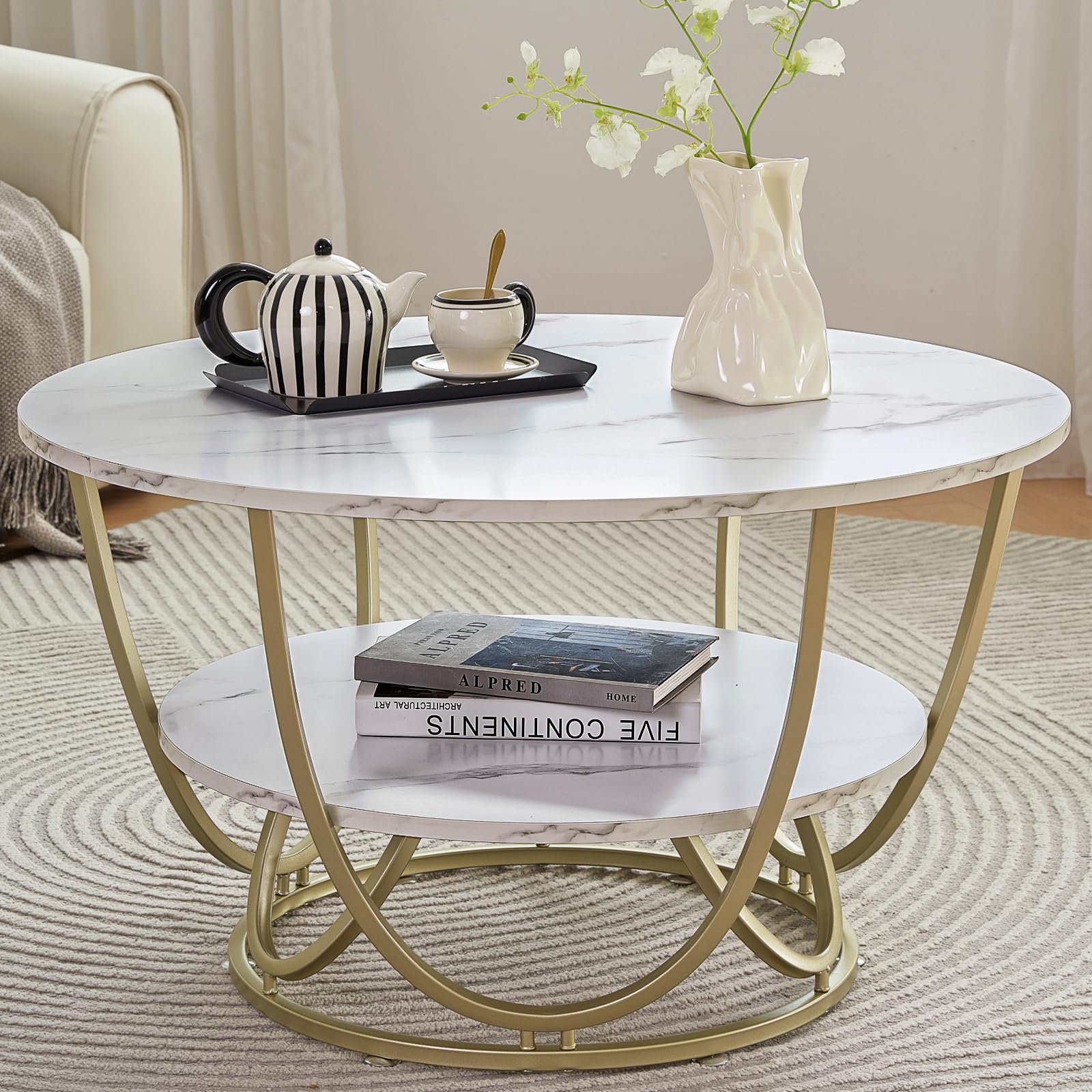 Elephance Round Coffee Table with Storage, 30 Inch Modern Coffee Table for Living Room,Wooden Tabletop-Marble White Print with G