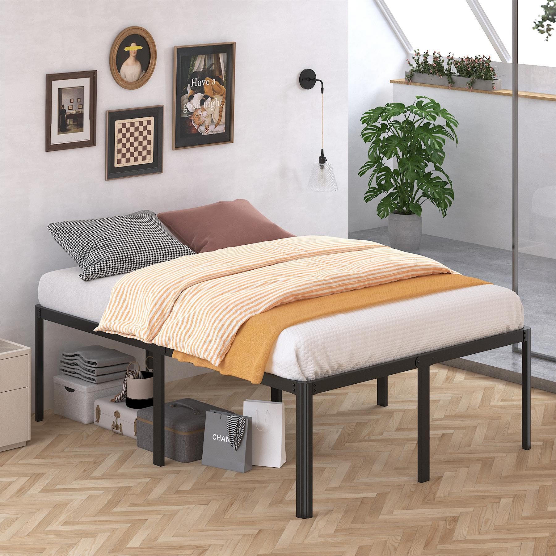 Likelalaso 24 Inch High Full Bed Frame with Rounded Corner, Heavy Duty Metal Bed Frame Full Under-Bed Storage Space, No Box Spri