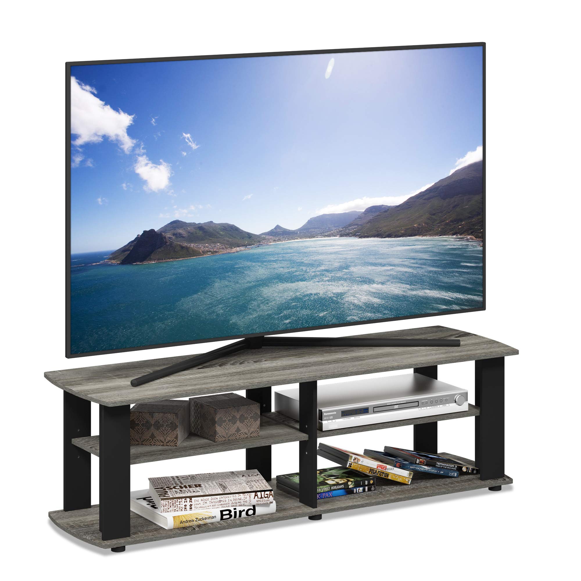 FURINNO Nelly Entertainment Center TV Stand, Short 43.3(W) x13.4(H) x13.1(D), French Oak Grey/Black