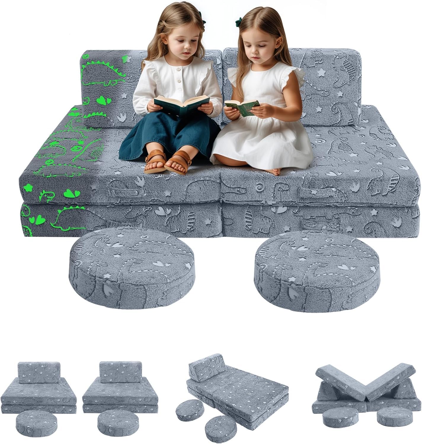 MeMoreCool Kids Couch for Playroom, Corduroy Convertible Toddler Couch, 8 Piece Modular Play Sofa, Foam Fort Building Set for Ch