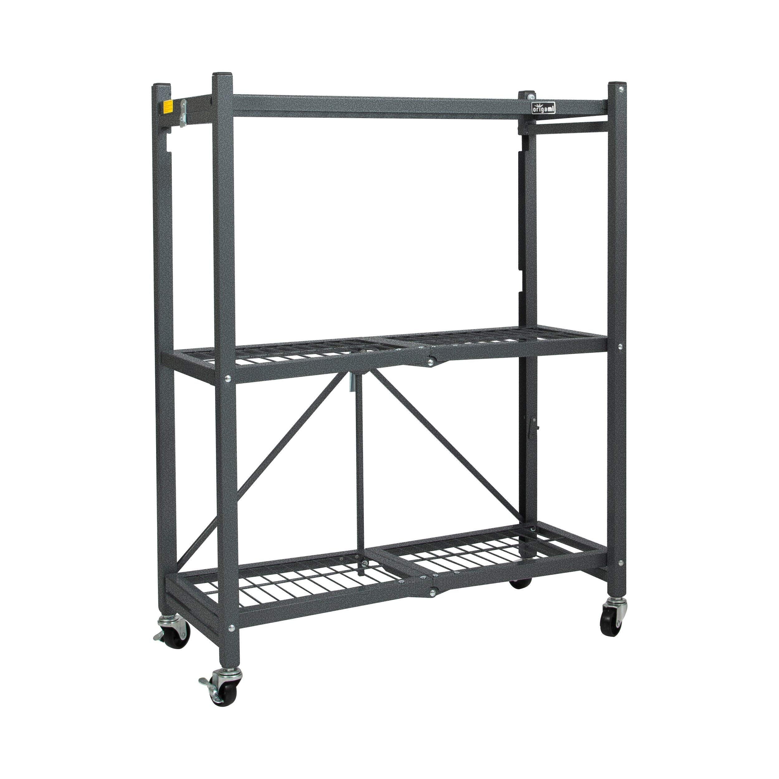 Origami 3 Tier Foldable Heavy Duty Metal Garage Storage Shelf Rack with Wheels and Powder Coated Steel for Organization in Home 