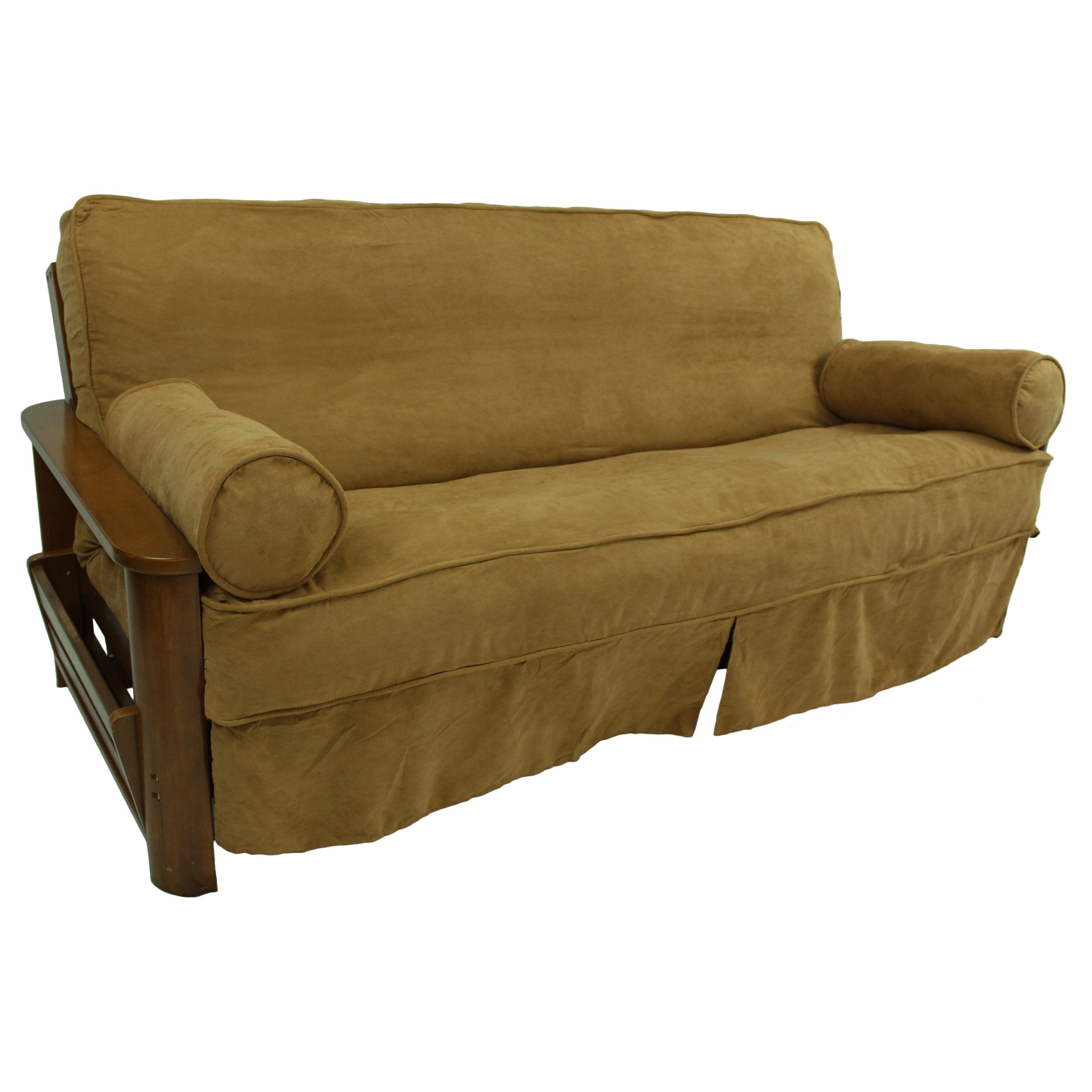Blazing Needles Solid Microsuede Double Corded 8 to 9 Futon Slipcover Set with 2 Bolster Pillows (Set of 3), Full, Camel