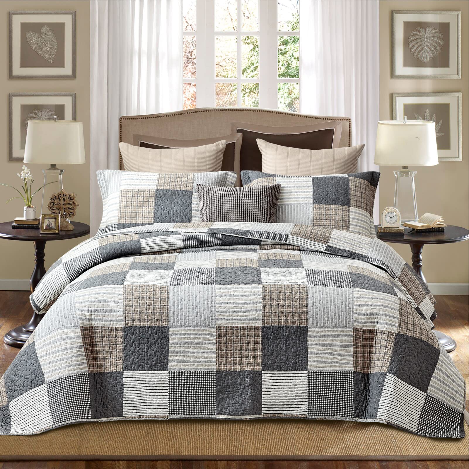 PANGUSHAN 100% Cotton Quilt Set Queen Size,Patchwork Plaid Bedding Set Bedspreads,Farmhouse Lightweight Comforter,Grey/Gray/Blac