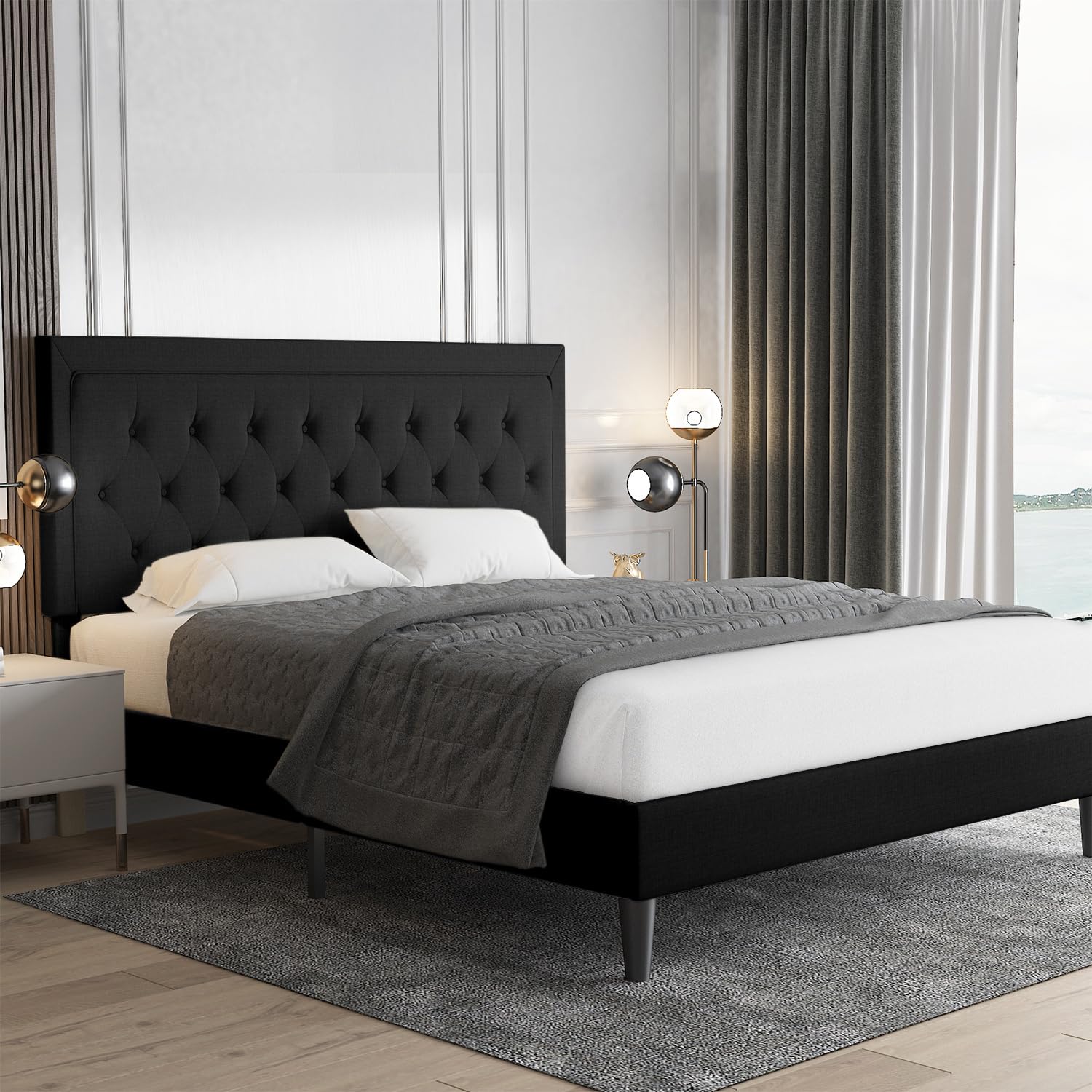 Allewie Full Size Bed Frame Upholstered Platform Bed with Adjustable Headboard, Button Tufted, Wood Slat Support, Easy Assembly,