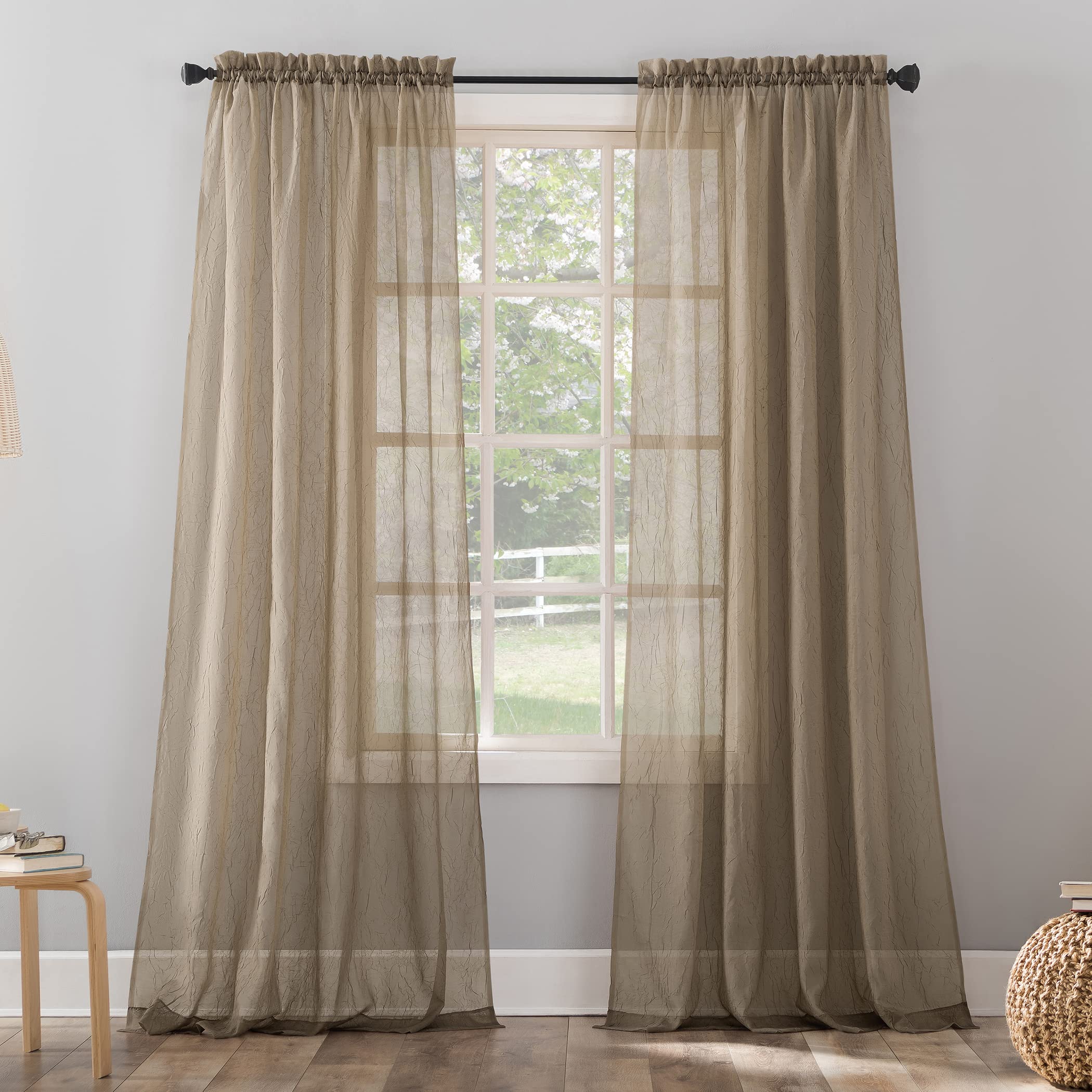 No. 918 Erica Crushed Sheer Voile Rod Pocket Curtain Panel, 51 x 95, Taupe
