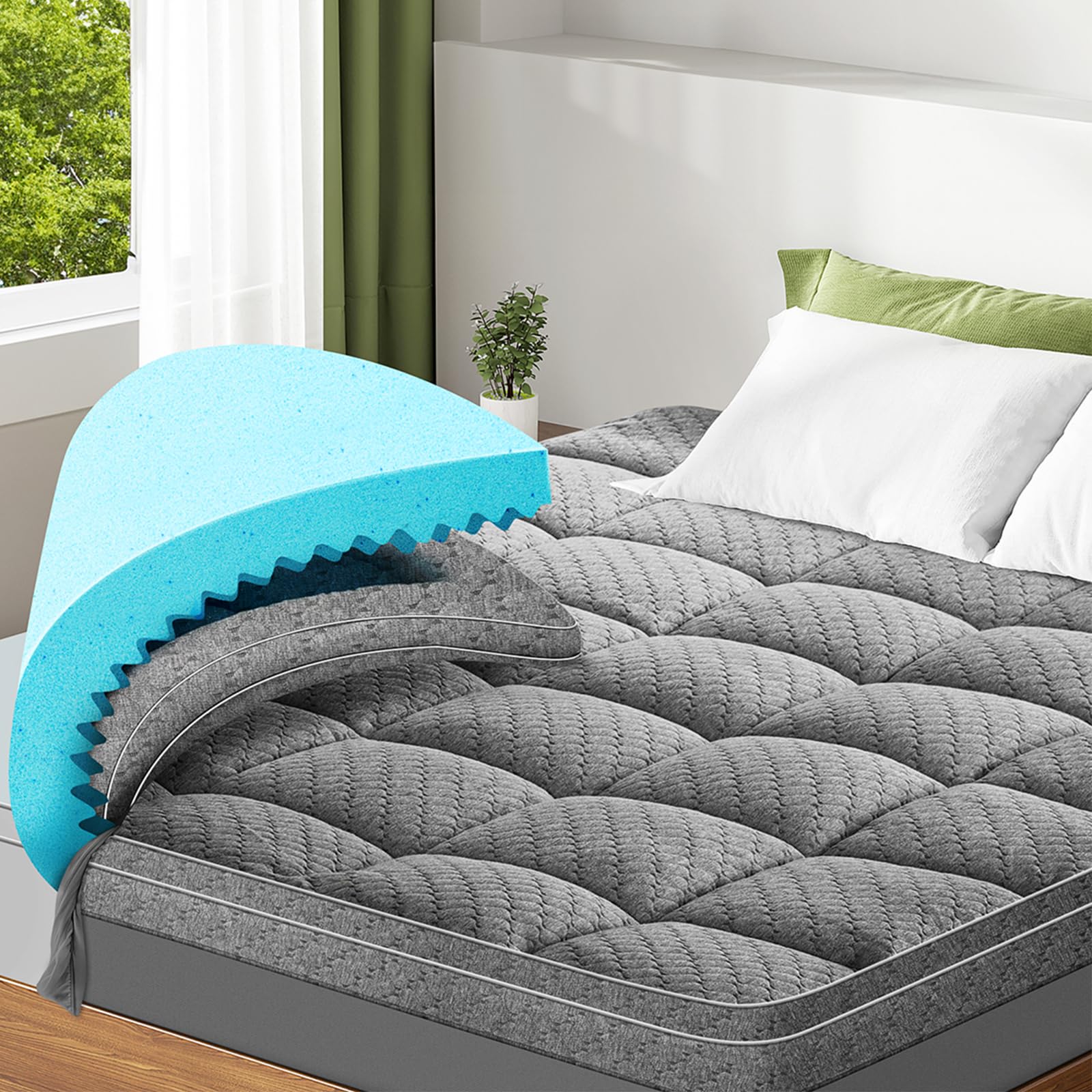 Dual Layer 3 Inch Memory Foam Mattress Topper Queen Size, 2 Inch Cooling Gel Memory Foam Plus 1 Inch Down Alternative PillowTop 