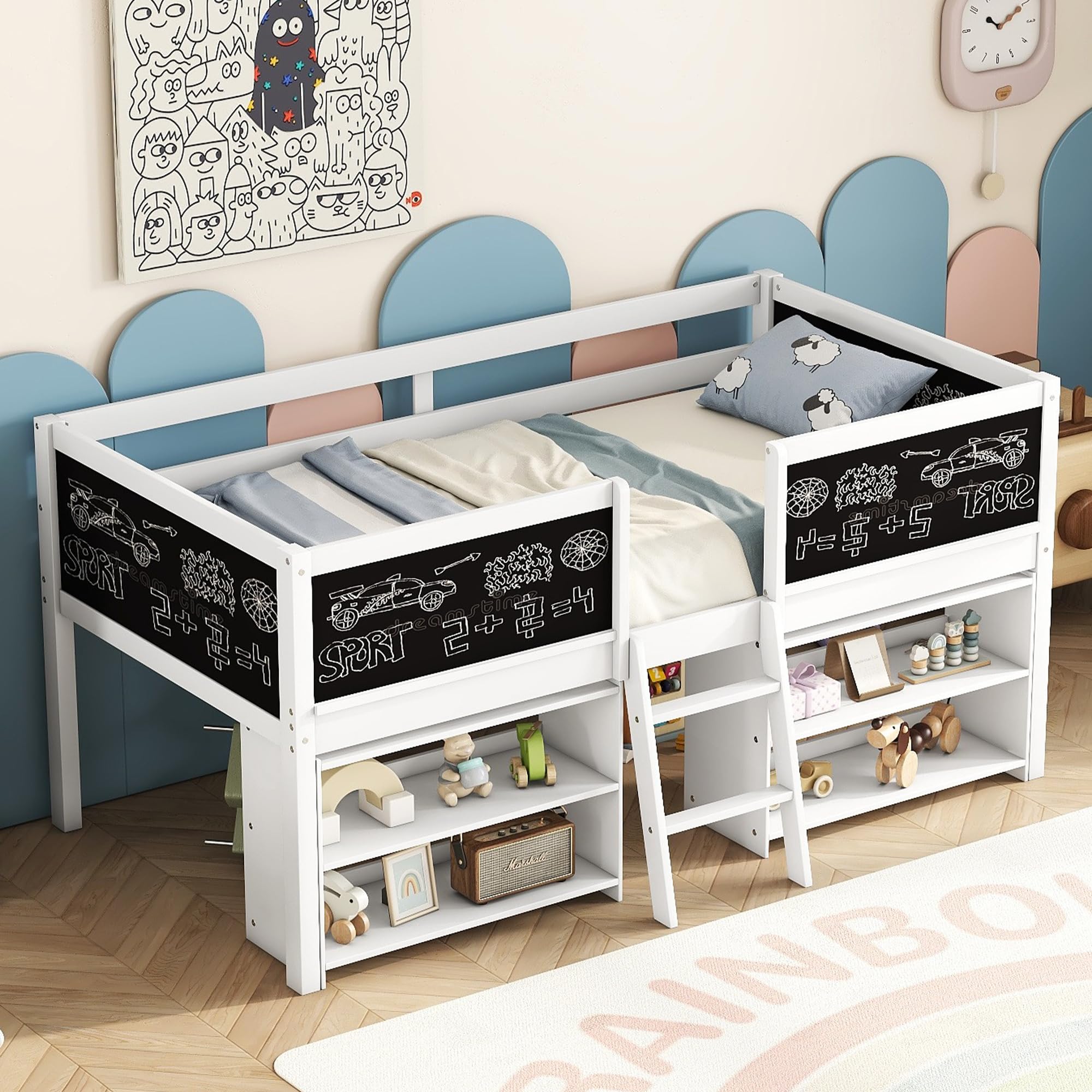 Twin Size Low loft Bed with Movable Shelves for Kids,Kids Low Loft Bed Frame with Guardrail Chalkboard and Storage,Solid Wood Lo
