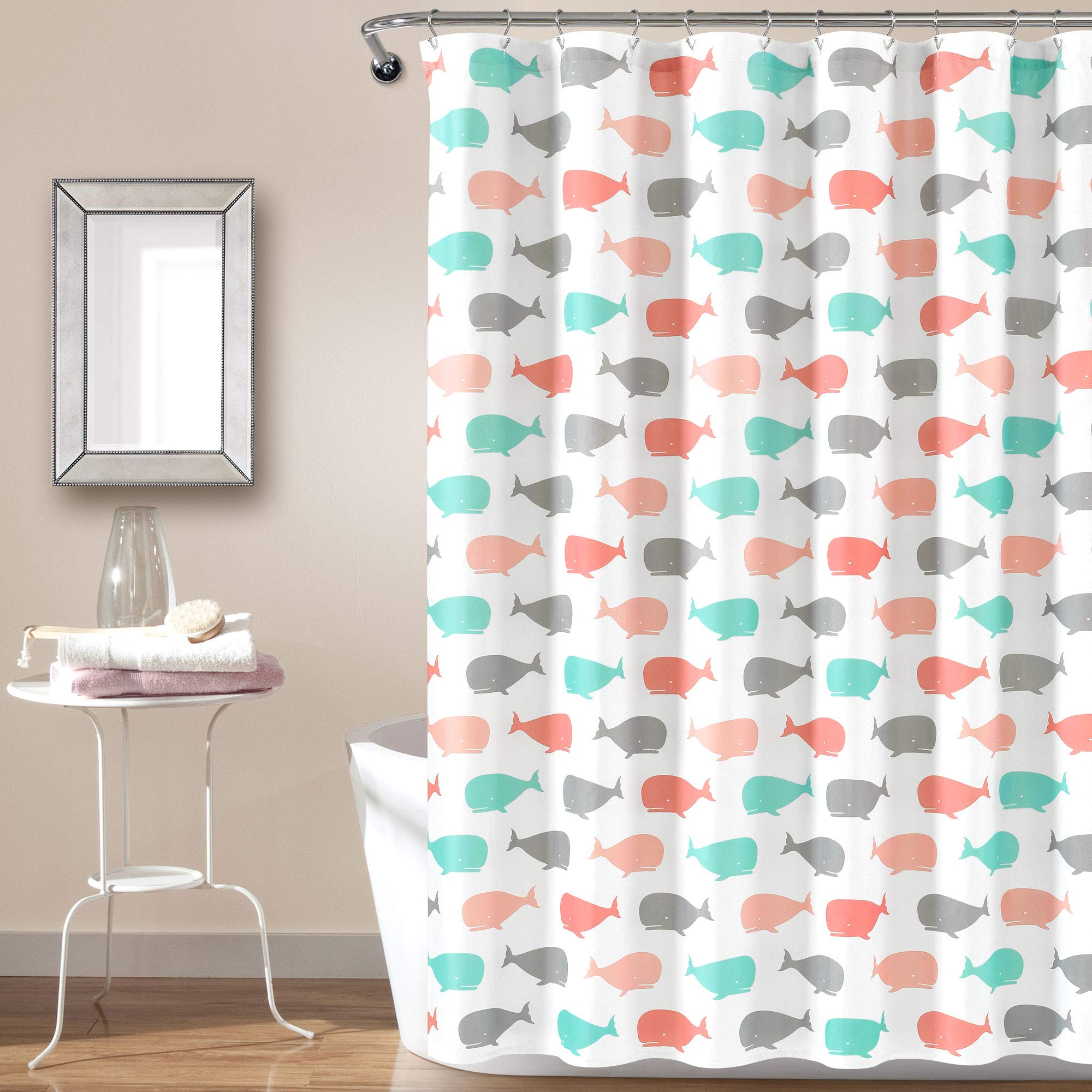 Lush Decor Whale Shower Curtain - Fabric Ocean Fish Animal Print Design for Kids, 72 x 72, Pink and Aqua
